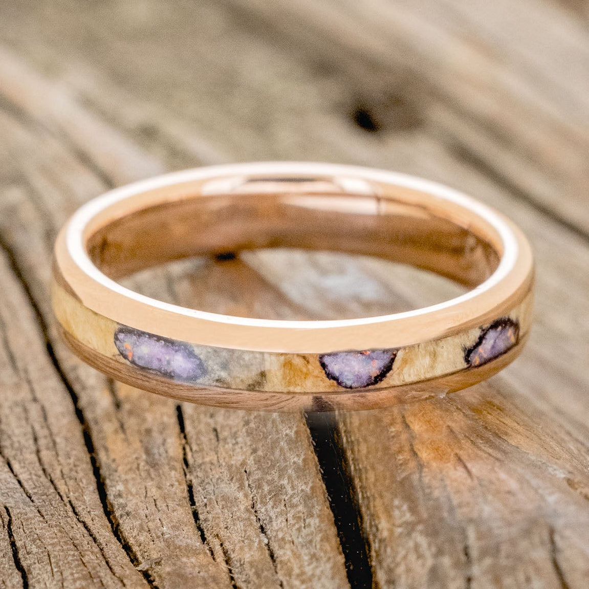 "RAINIER" - MATCHING SET OF BUCKEYE BURL WOOD WITH SUGILITE & OPAL MIX WEDDING BANDS-7