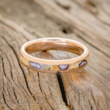 "RAINIER" - MATCHING SET OF BUCKEYE BURL WOOD WITH SUGILITE & OPAL MIX WEDDING BANDS-7