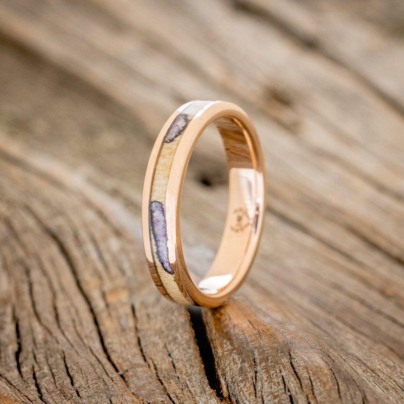 "RAINIER" - MATCHING SET OF BUCKEYE BURL WOOD WITH SUGILITE & OPAL MIX WEDDING BANDS-5