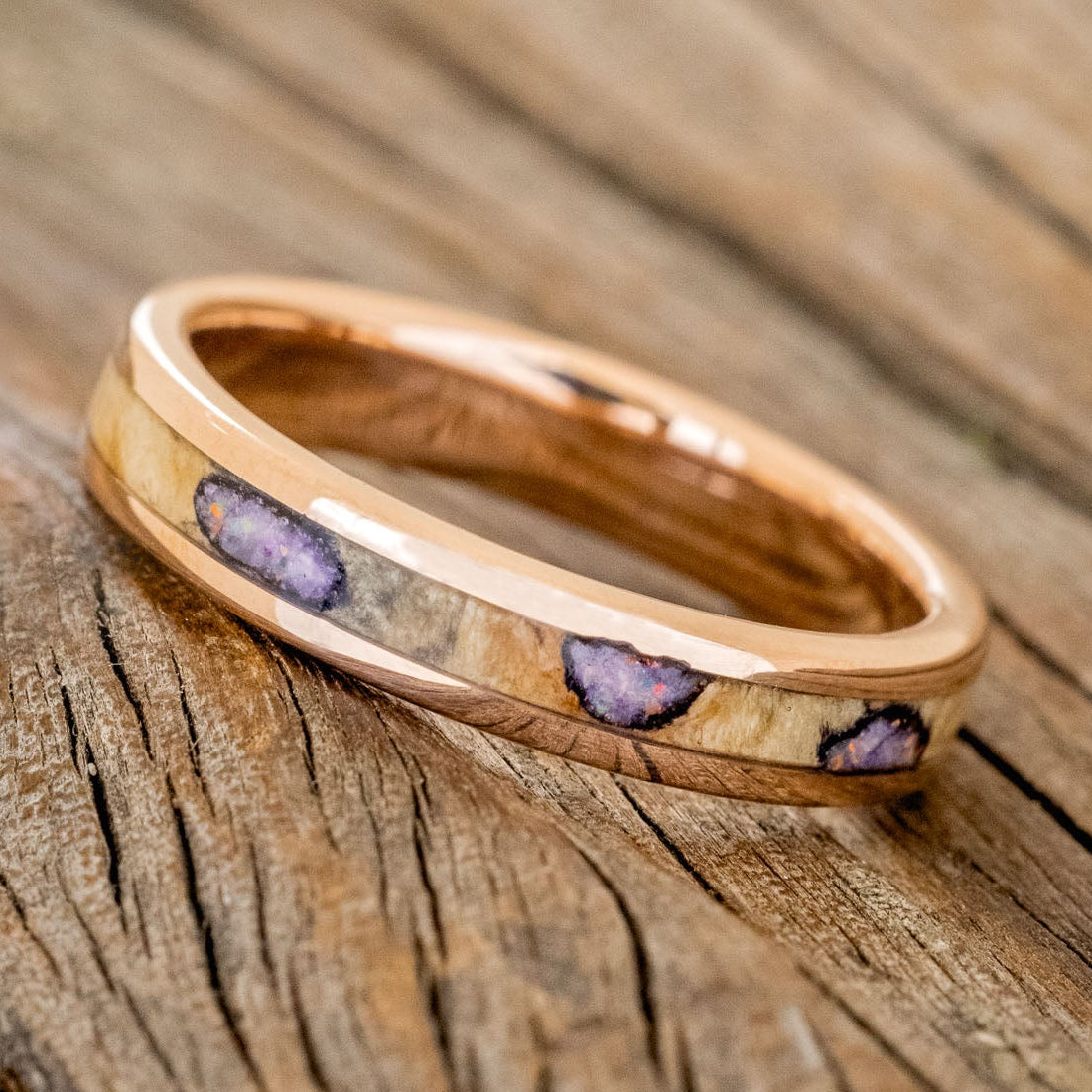 "RAINIER" - MATCHING SET OF BUCKEYE BURL WOOD WITH SUGILITE & OPAL MIX WEDDING BANDS-6
