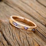 "RAINIER" - MATCHING SET OF BUCKEYE BURL WOOD WITH SUGILITE & OPAL MIX WEDDING BANDS-6