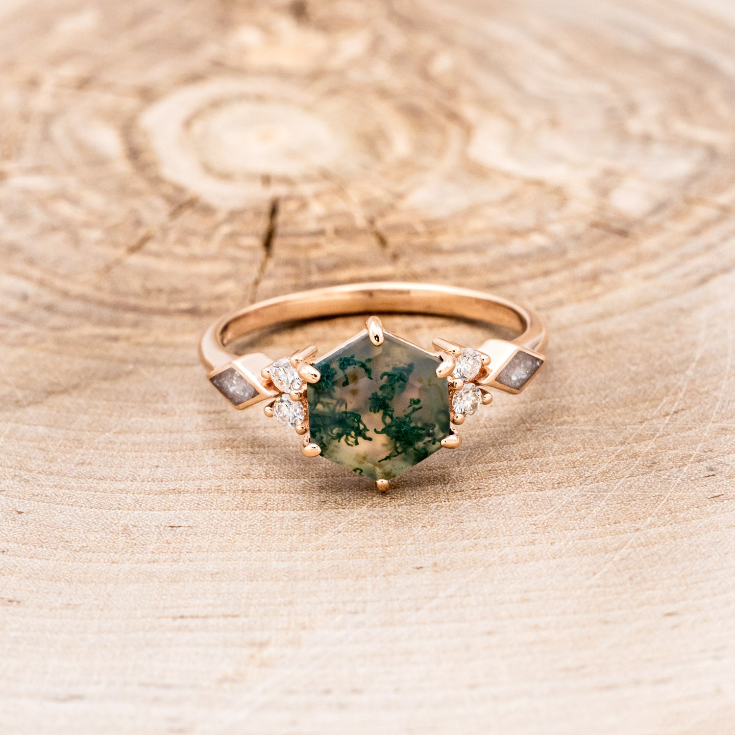 "EVERETT" - HEXAGON MOSS AGATE ENGAGEMENT RING WITH SIDE DIAMOND & DIAMOND DUST INLAYS-4