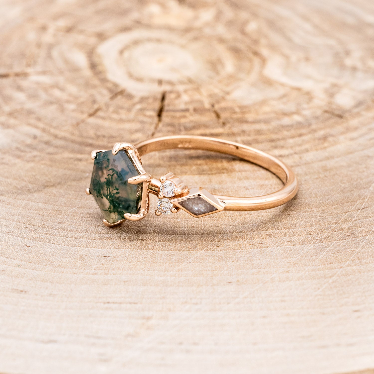 "EVERETT" - HEXAGON MOSS AGATE ENGAGEMENT RING WITH SIDE DIAMOND & DIAMOND DUST INLAYS-3