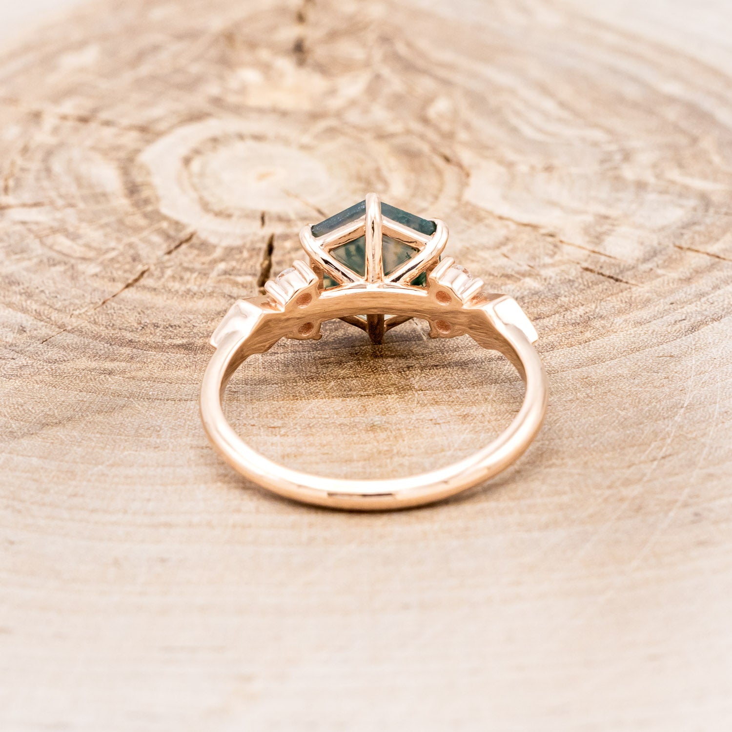 "EVERETT" - HEXAGON MOSS AGATE ENGAGEMENT RING WITH SIDE DIAMOND & DIAMOND DUST INLAYS-5