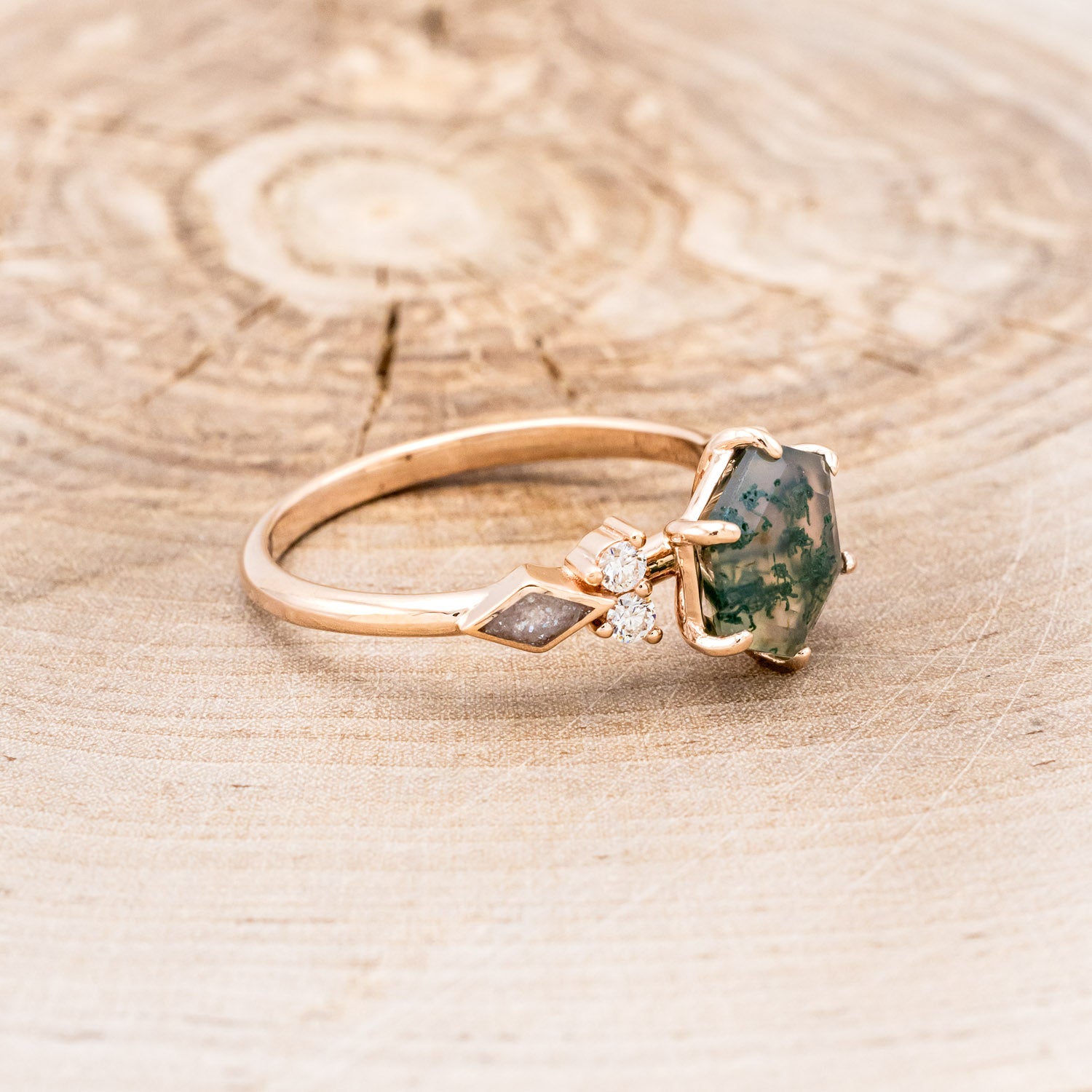 "EVERETT" - HEXAGON MOSS AGATE ENGAGEMENT RING WITH SIDE DIAMOND & DIAMOND DUST INLAYS-2