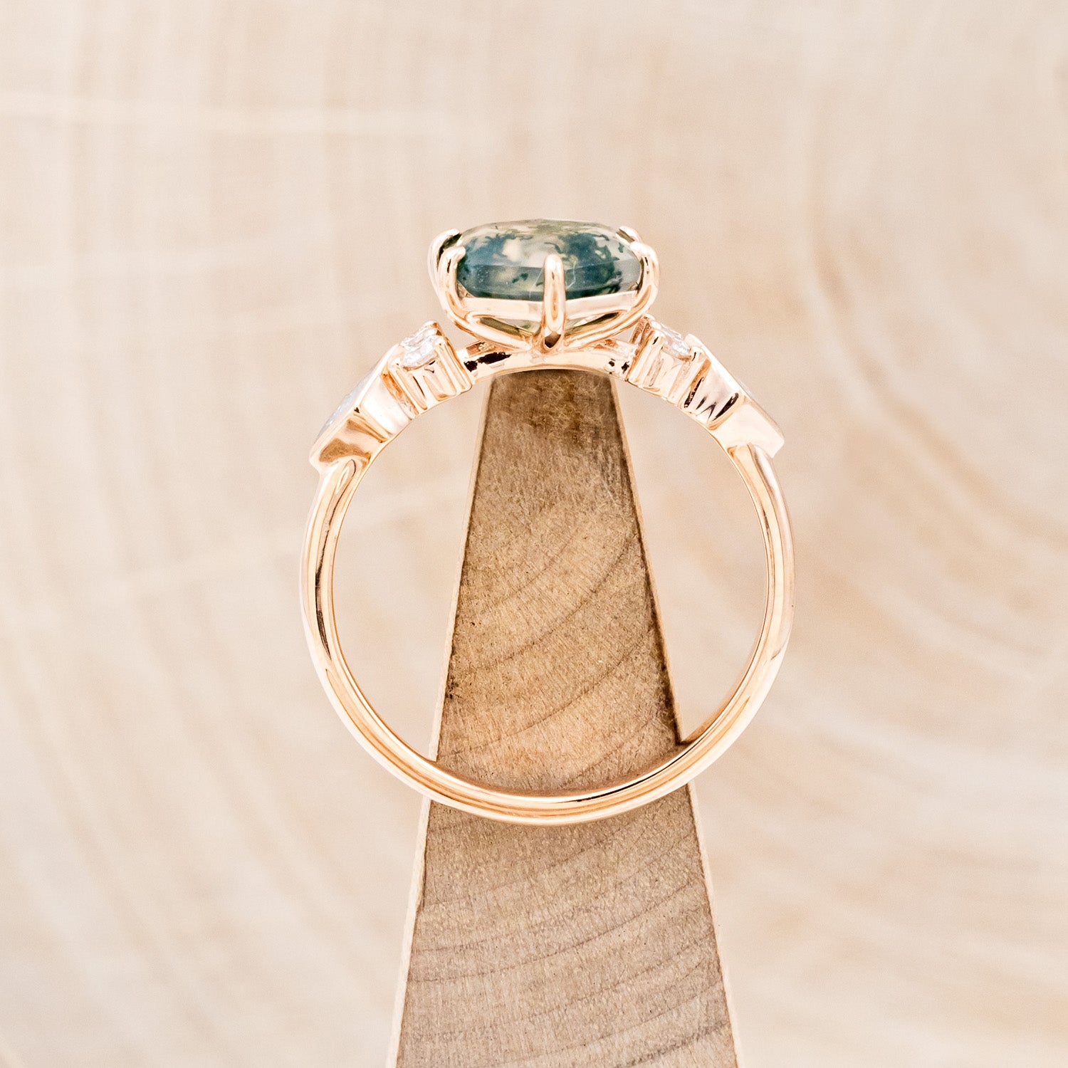 "EVERETT" - HEXAGON MOSS AGATE ENGAGEMENT RING WITH SIDE DIAMOND & DIAMOND DUST INLAYS-6