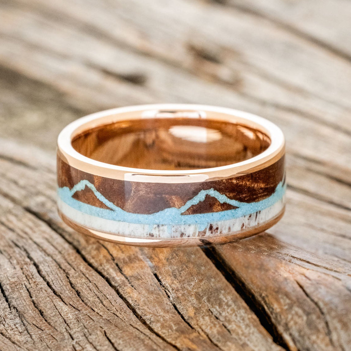 "THE EXPEDITION" - MOUNTAIN ENGRAVED WEDDING RING WITH REDWOOD, TURQUOISE & ANTLER-15