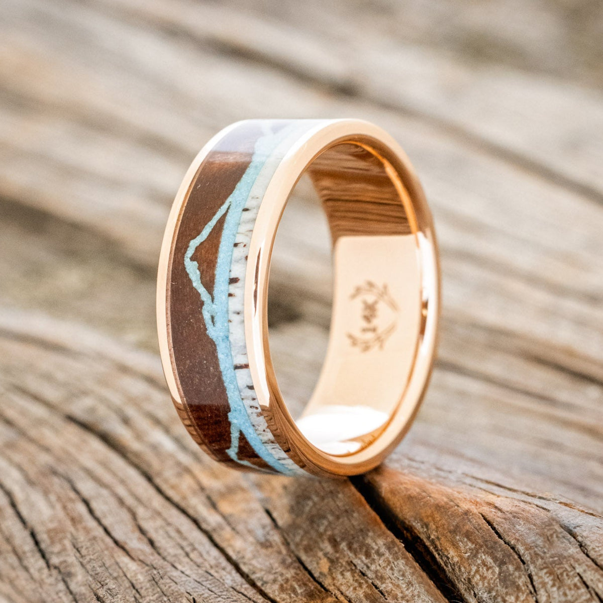 "THE EXPEDITION" - MOUNTAIN ENGRAVED WEDDING RING WITH REDWOOD, TURQUOISE & ANTLER-13