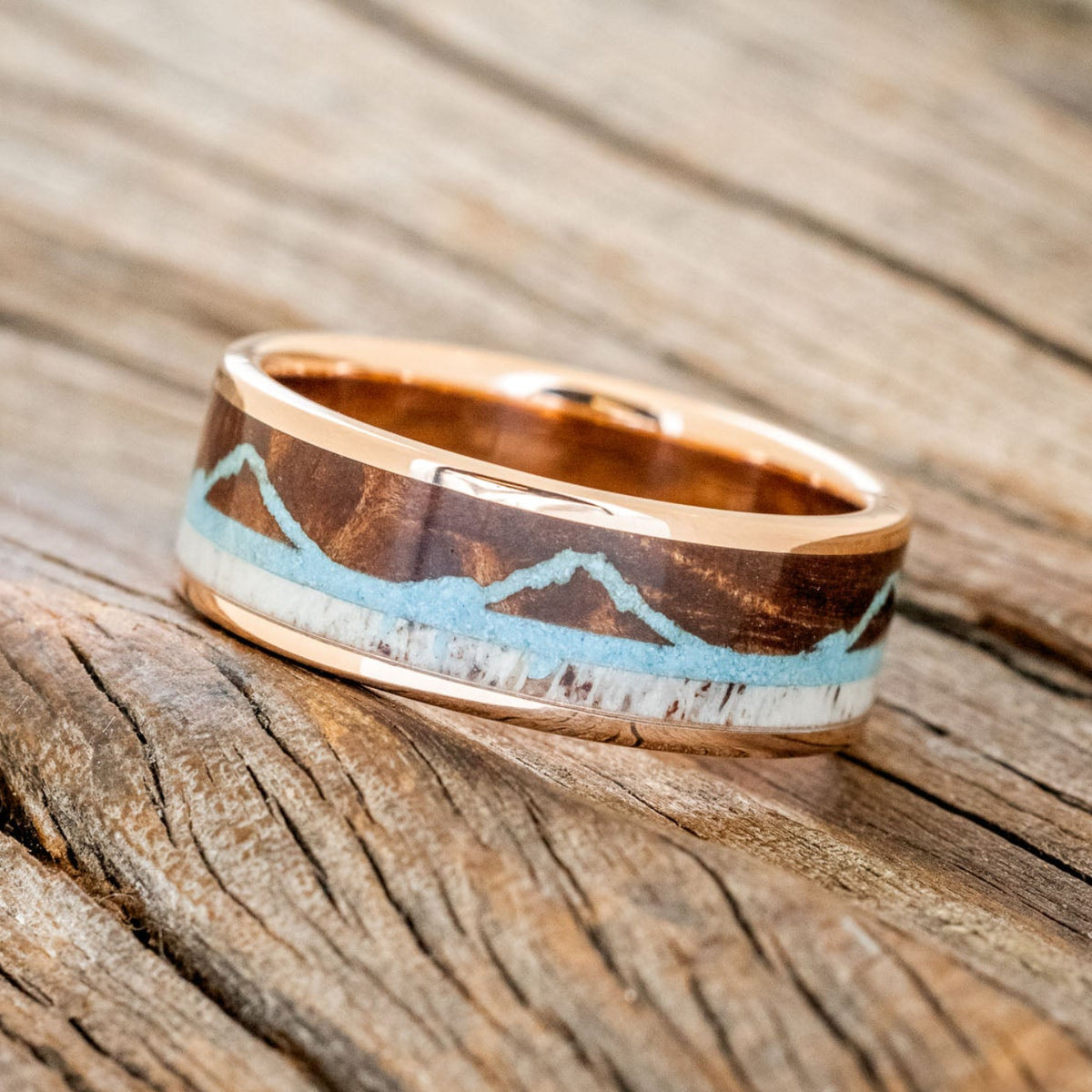 "THE EXPEDITION" - MOUNTAIN ENGRAVED WEDDING RING WITH REDWOOD, TURQUOISE & ANTLER-14
