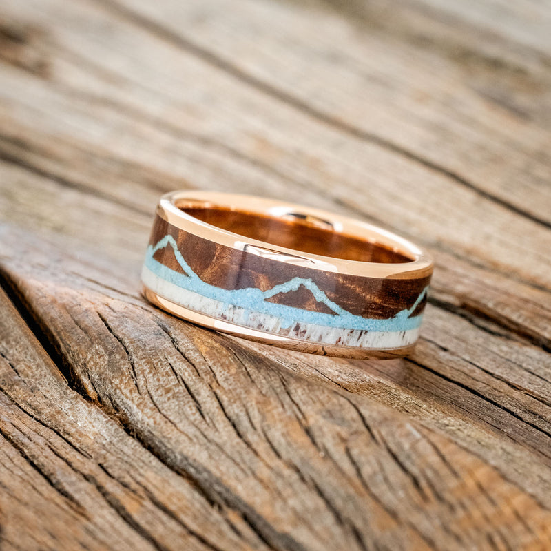 "THE EXPEDITION" - MOUNTAIN ENGRAVED WEDDING RING WITH ANTLER INLAY-Staghead Designs