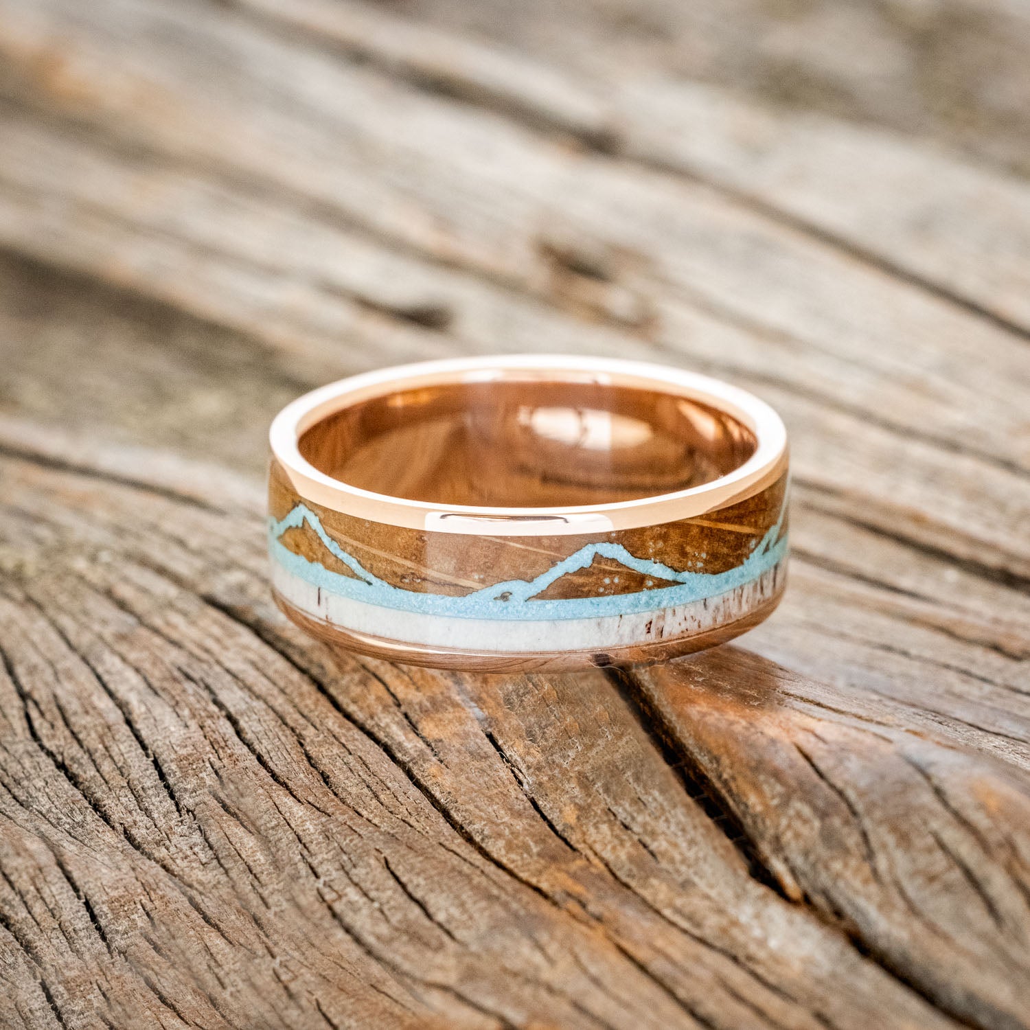 "THE EXPEDITION" - MOUNTAIN ENGRAVED WEDDING RING WITH WHISKEY BARREL OAK, TURQUOISE & ANTLER-18