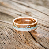 "THE EXPEDITION" - MOUNTAIN ENGRAVED WEDDING RING WITH WHISKEY BARREL OAK, TURQUOISE & ANTLER