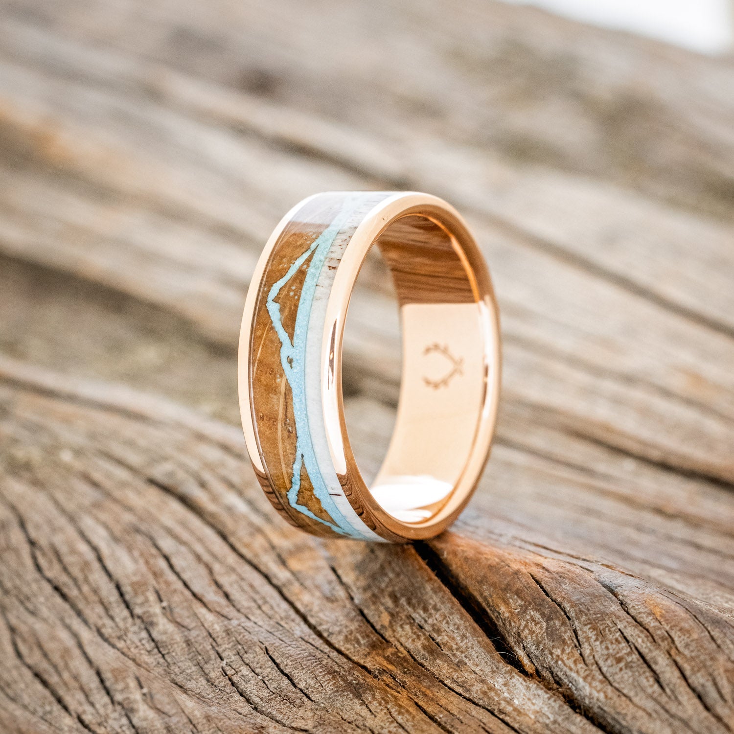 "THE EXPEDITION" - MOUNTAIN ENGRAVED WEDDING RING WITH WHISKEY BARREL OAK, TURQUOISE & ANTLER-16