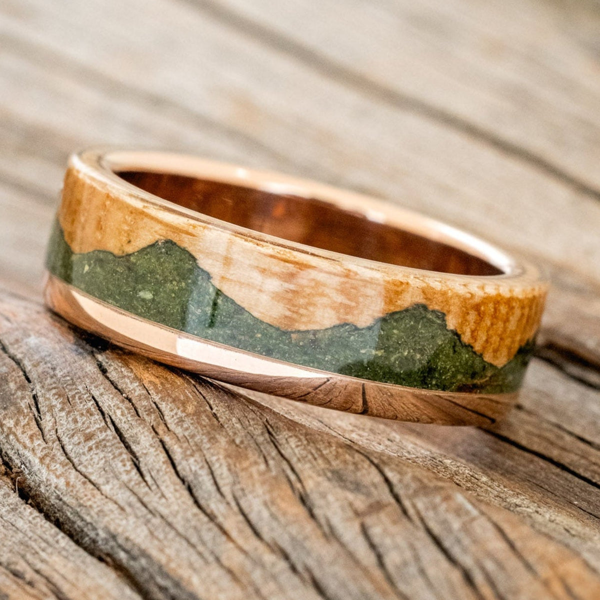 "EZRA" - WHISKEY BARREL OAK WITH MOSS WEDDING RING-11