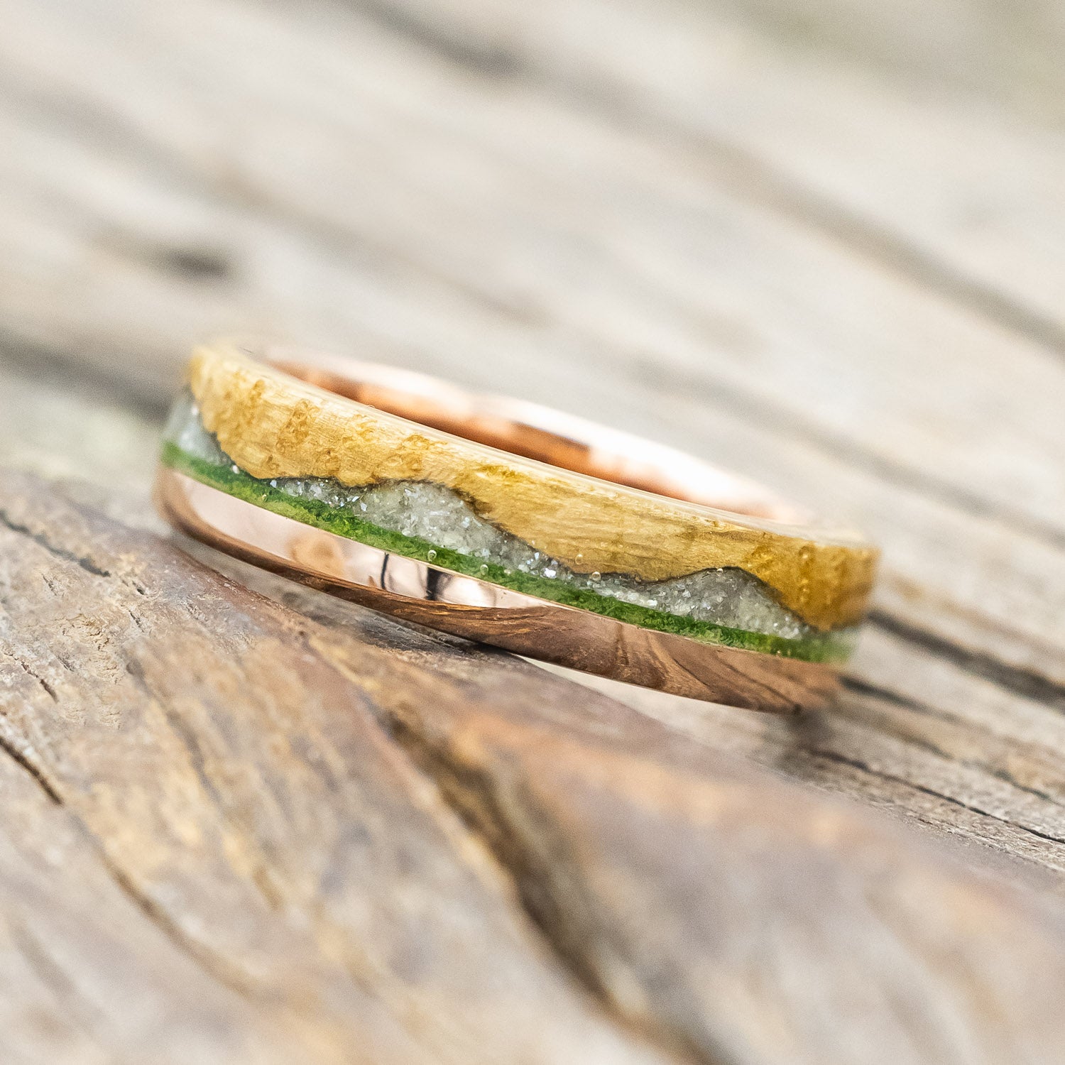 "EZRA" - WHISKEY BARREL OAK WITH DIAMOND DUST & MOSS INLAY WEDDING RING-Staghead Designs