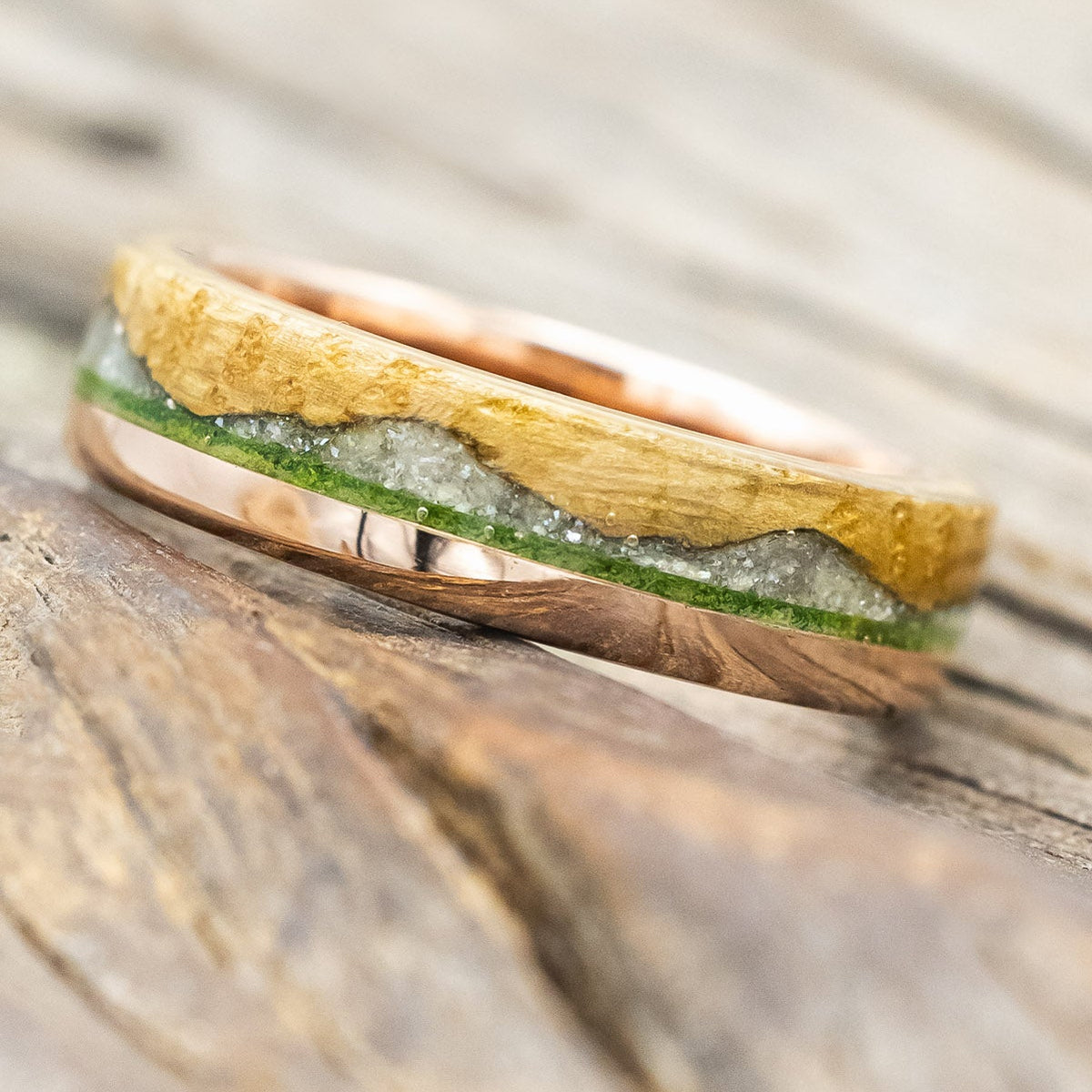 "Ezra" - Whiskey Barrel Oak With Diamond Dust & Moss Inlay Wedding Ring-Staghead Designs