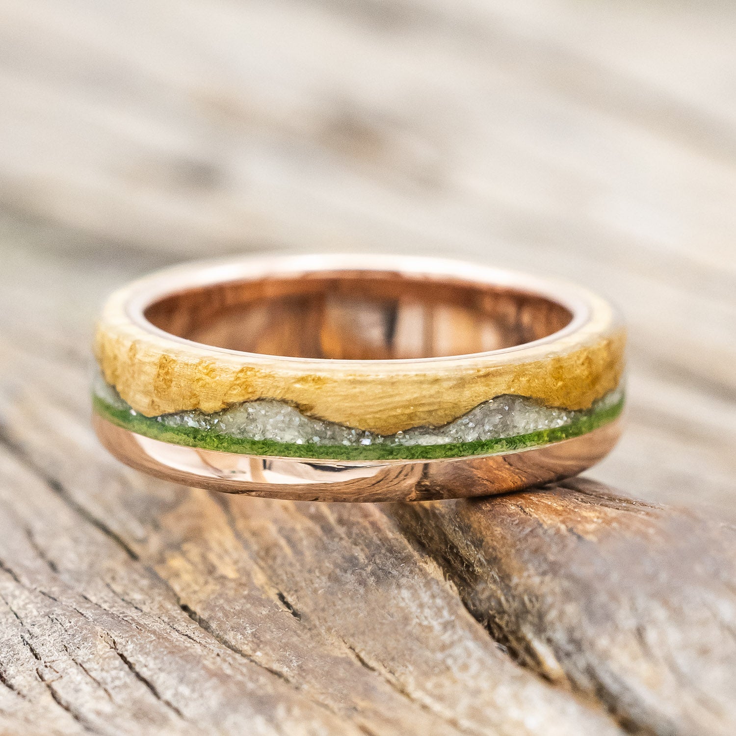 "EZRA" - WHISKEY BARREL OAK WITH DIAMOND DUST & MOSS INLAY WEDDING RING-Staghead Designs