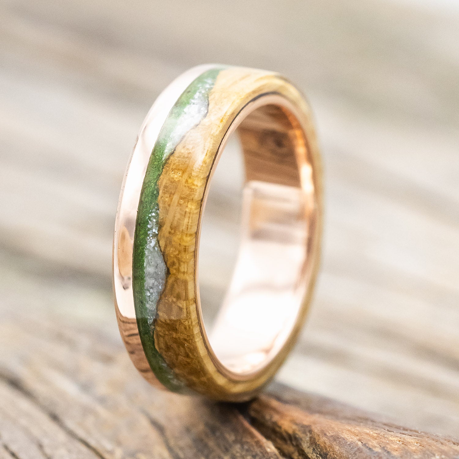 "EZRA" - WHISKEY BARREL OAK WITH DIAMOND DUST & MOSS INLAY WEDDING RING-Staghead Designs