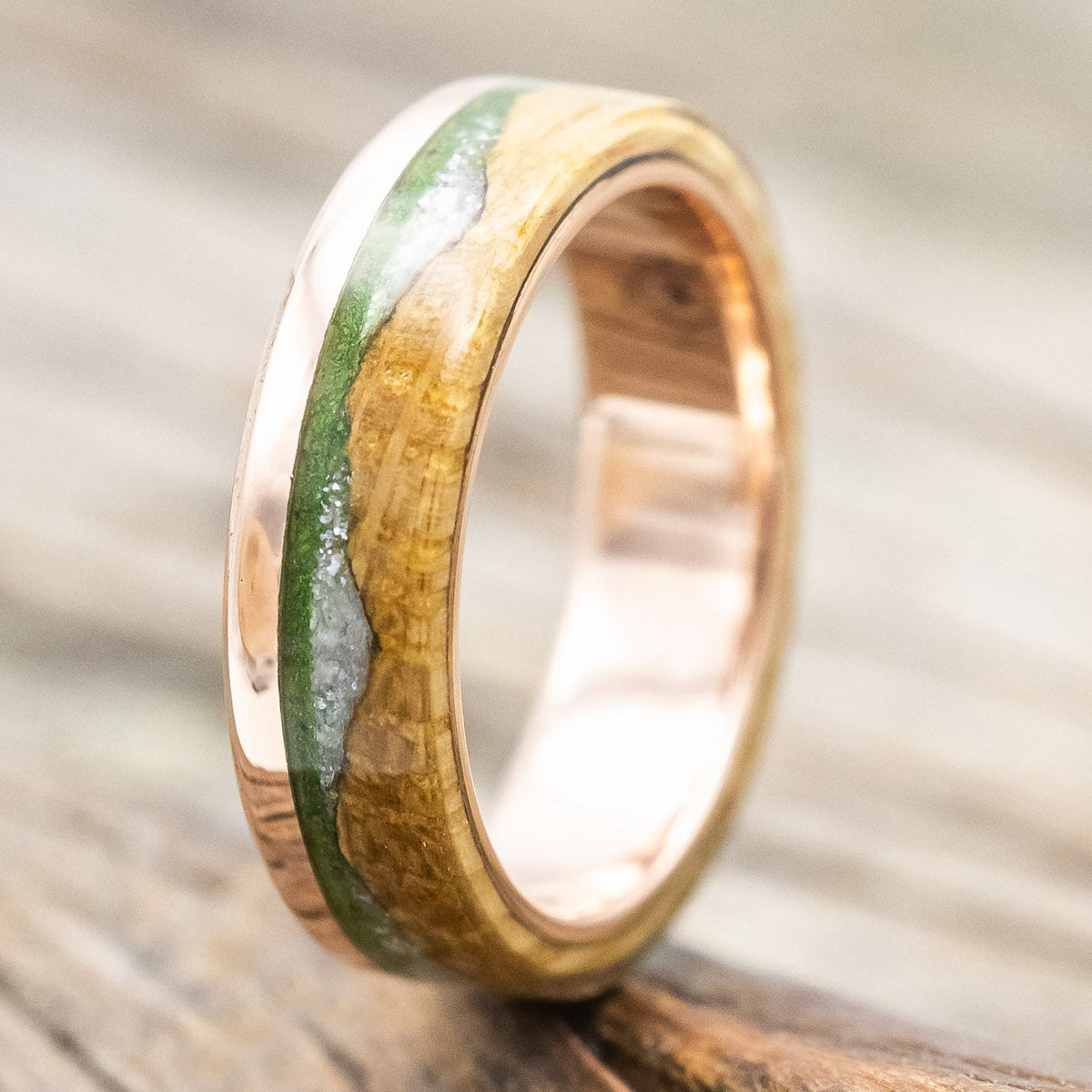 "Ezra" - Whiskey Barrel Oak With Diamond Dust & Moss Inlay Wedding Ring-Staghead Designs