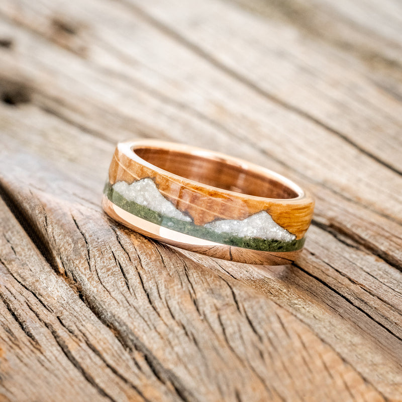 "EZRA" - WHISKEY BARREL OAK WITH DIAMOND DUST & MOSS INLAY WEDDING RING