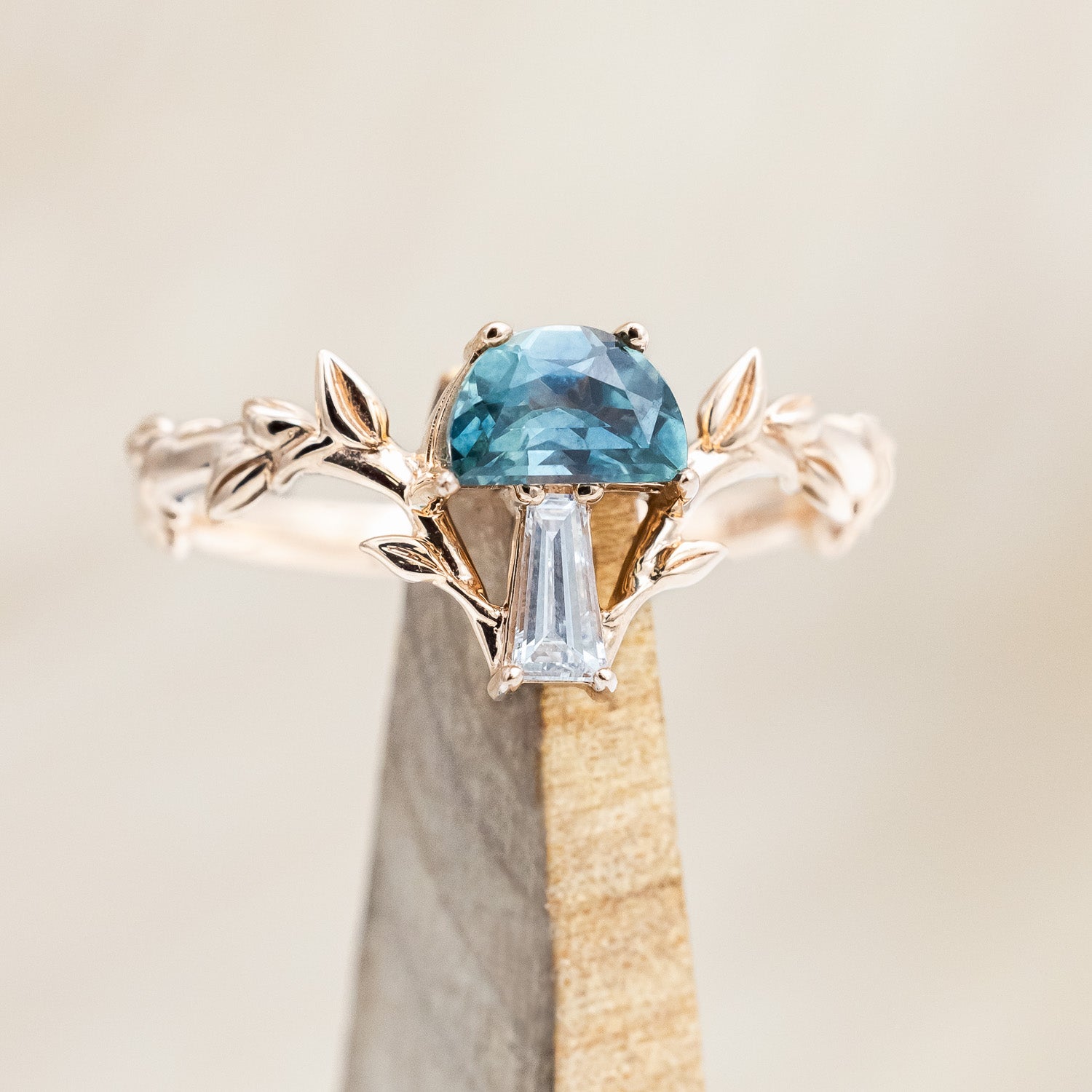 "FAE" - MUSHROOM RING WITH MONTANA SAPPHIRE & DIAMOND ACCENT ON A BRANCH-STYLE BAND-Staghead Designs