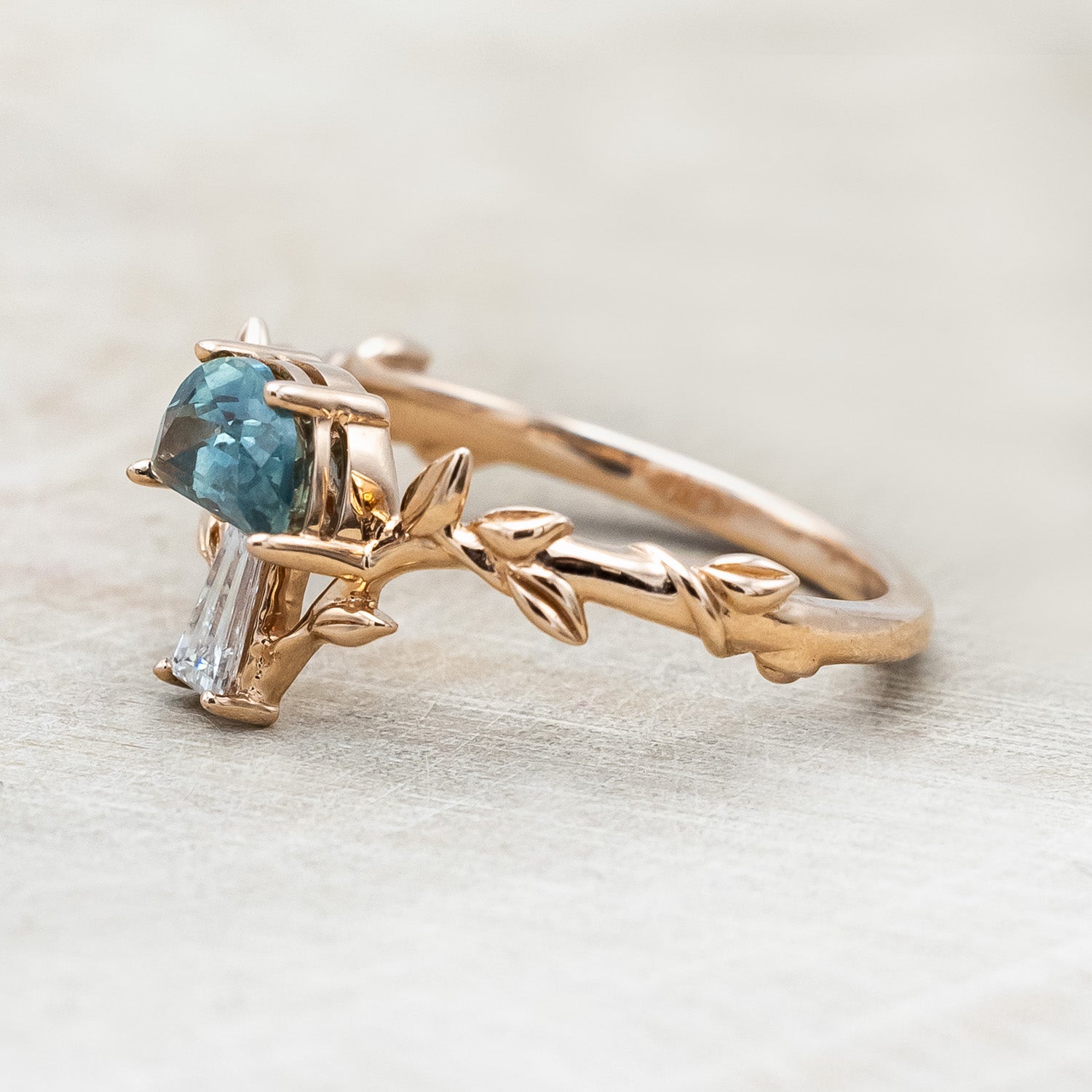 "FAE" - MUSHROOM RING WITH MONTANA SAPPHIRE & DIAMOND ACCENT ON A BRANCH-STYLE BAND-Staghead Designs