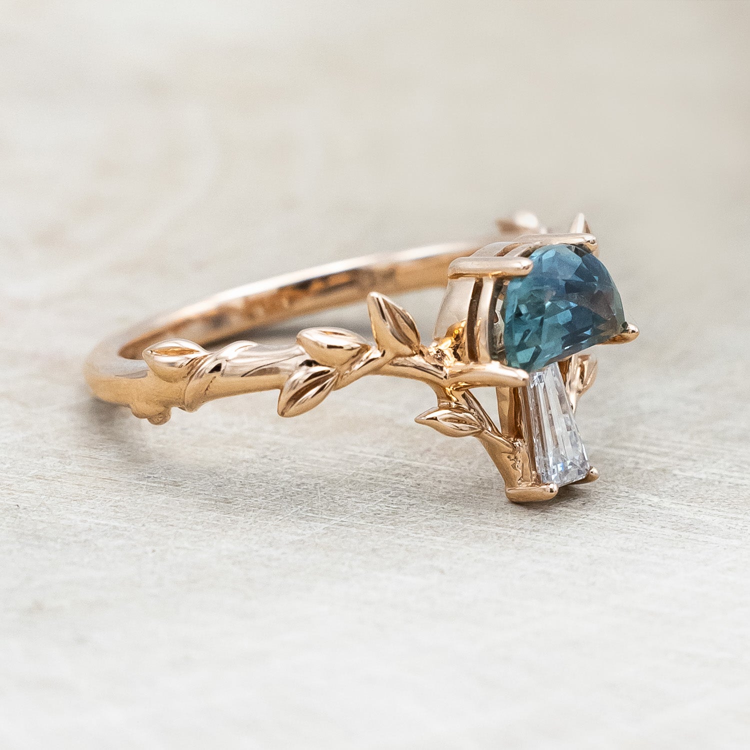 "FAE" - MUSHROOM RING WITH MONTANA SAPPHIRE & DIAMOND ACCENT ON A BRANCH-STYLE BAND-Staghead Designs