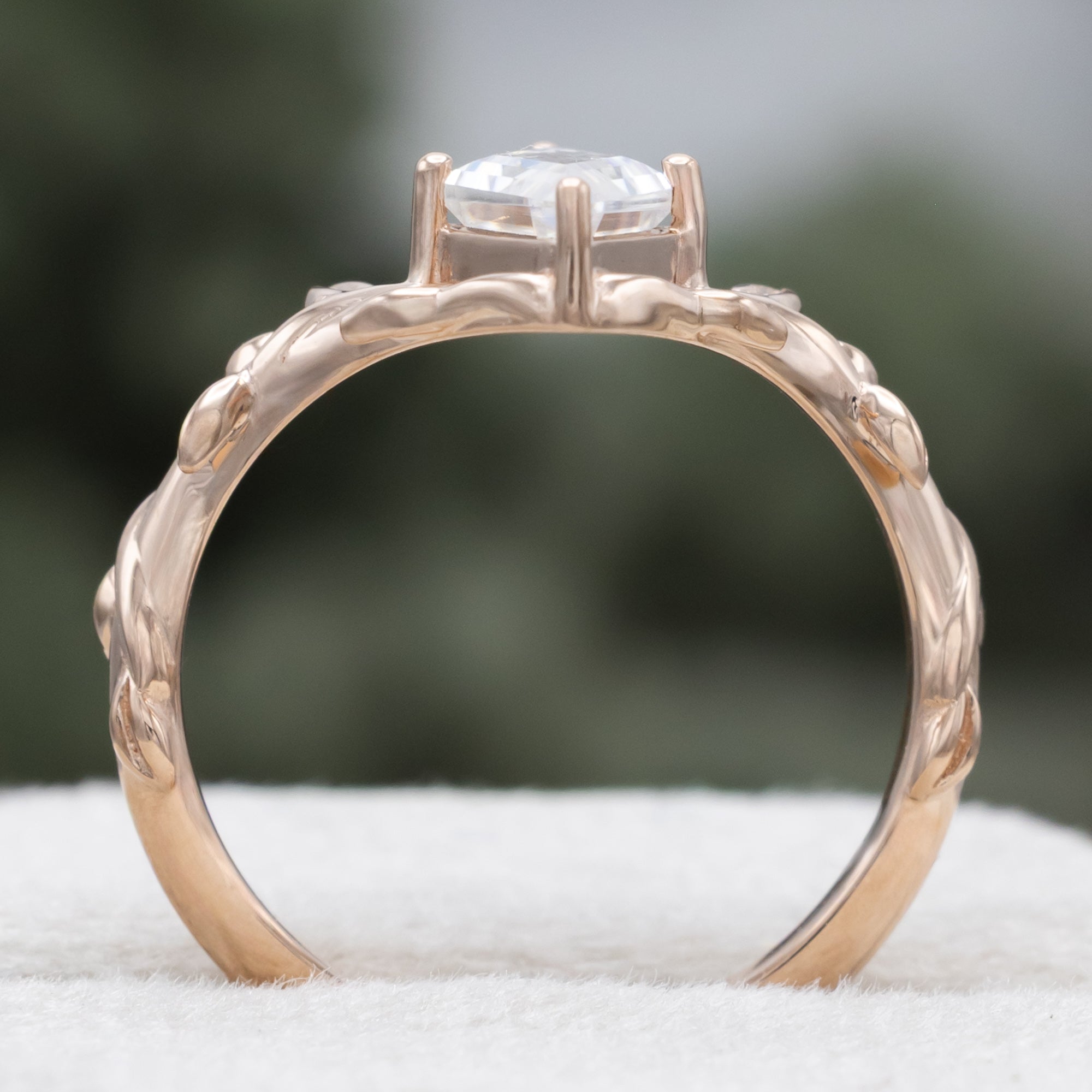 "Fae" - Solitaire-Style Lozenge Cut Moissanite On A Branch-Inspired Band-Staghead Designs
