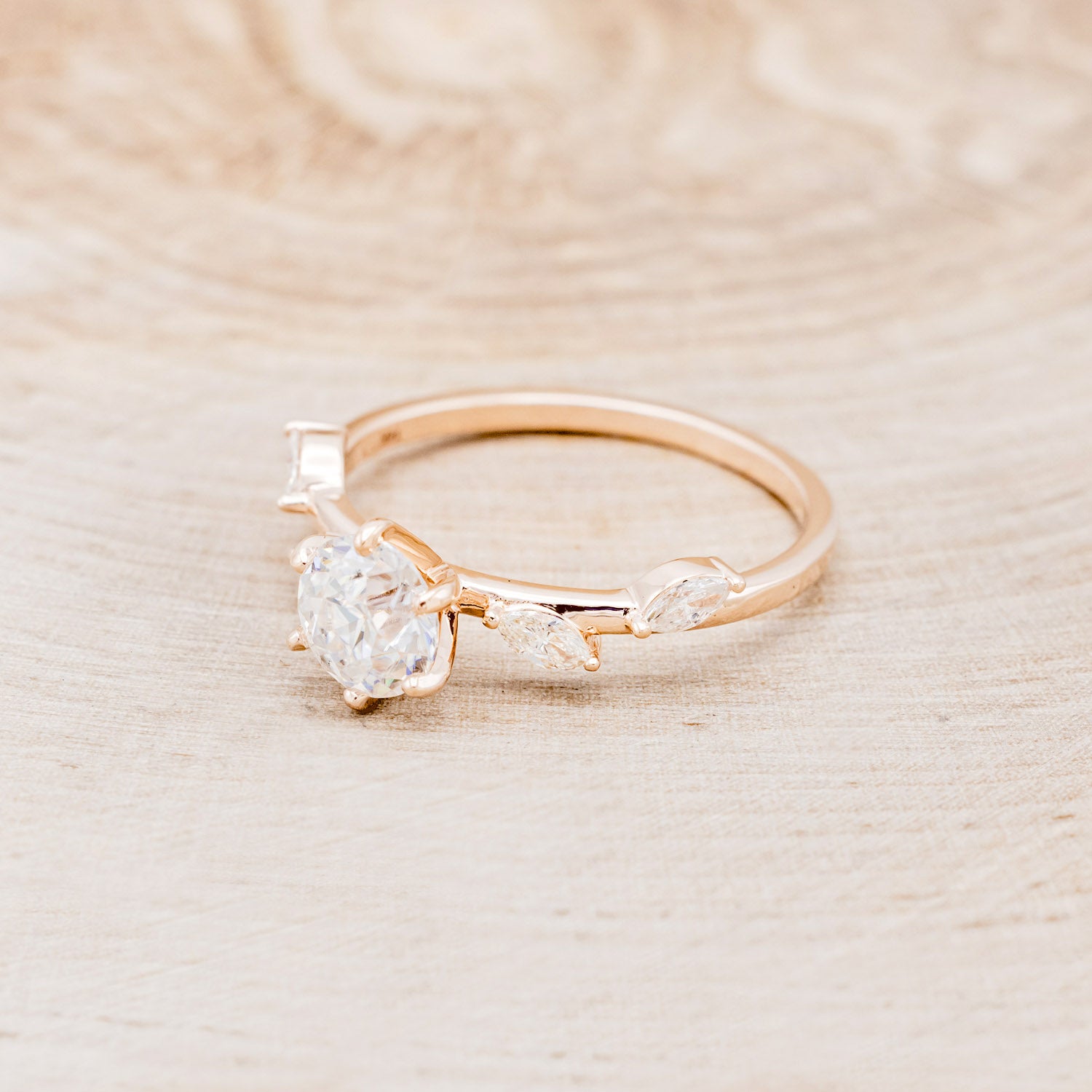 "Flora" - Round Cut Moissanite Engagement Ring With Marquise Cut Diamond Accents - 14K Yellow Gold - Size 4 1/2-Staghead Designs