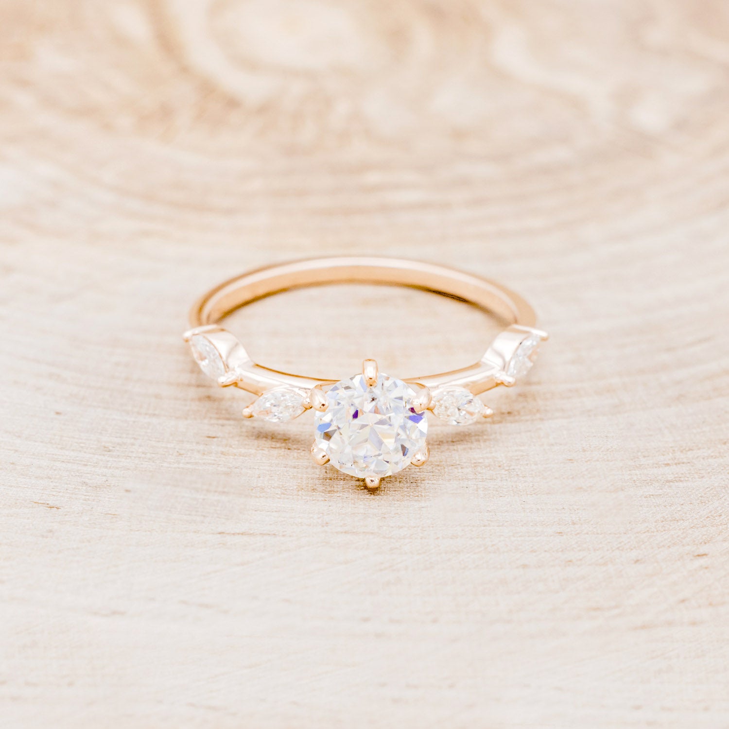 "Flora" - Round Cut Moissanite Engagement Ring With Marquise Cut Diamond Accents - 14K Yellow Gold - Size 4 1/2-Staghead Designs