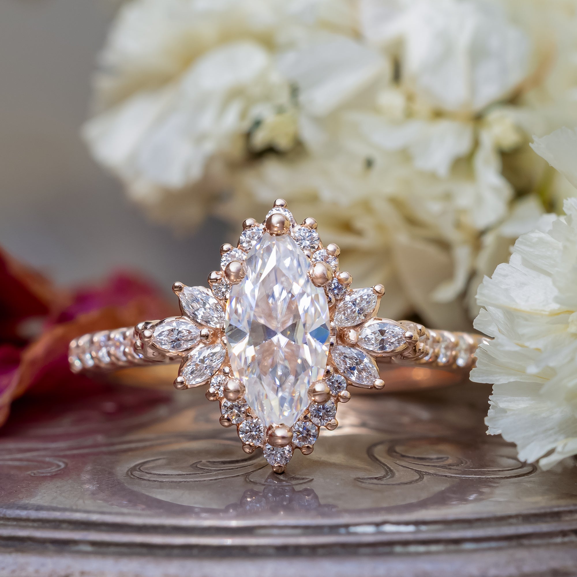 "FRITZI" - MARQUISE CUT MOISSANITE ENGAGEMENT RING WITH DIAMOND ACCENTS-Staghead Designs