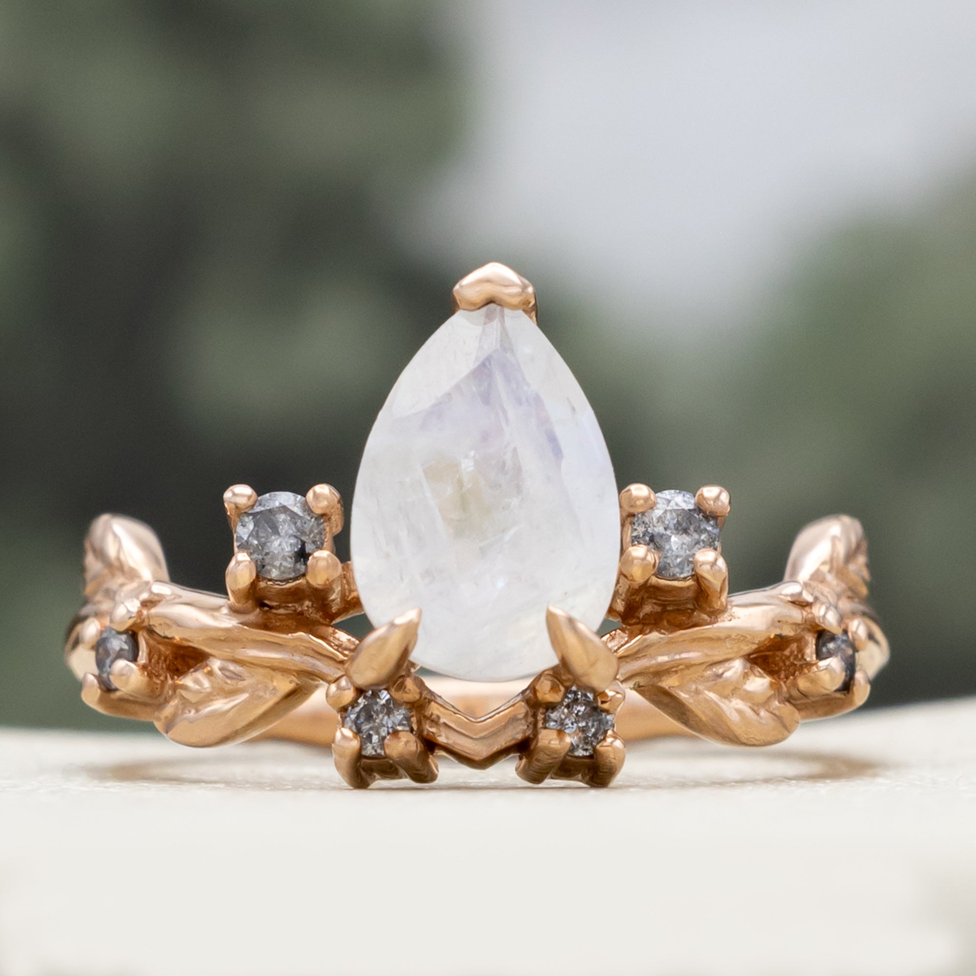 "HARLOW" - PEAR CUT MOONSTONE WOMEN'S ENGAGEMENT RING WITH SALT & PEPPER DIAMOND ACCENTS, BRANCH-STYLE BAND & TRACER-Staghead Designs