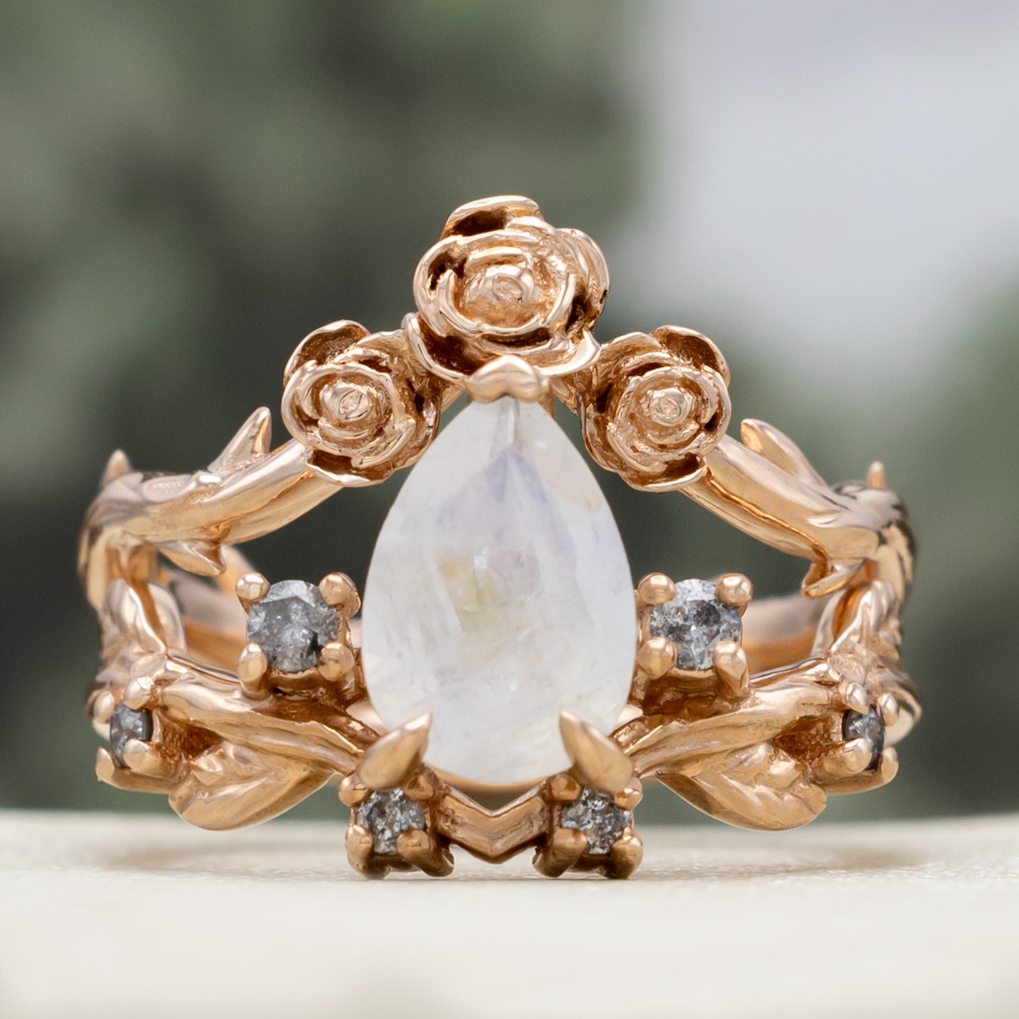 "HARLOW" - PEAR CUT MOONSTONE WOMEN'S ENGAGEMENT RING WITH SALT & PEPPER DIAMOND ACCENTS, BRANCH-STYLE BAND & TRACER-Staghead Designs
