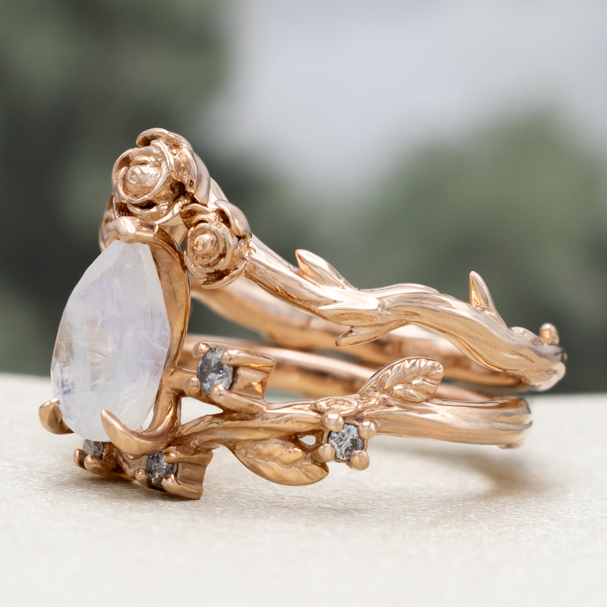 "HARLOW" - PEAR CUT MOONSTONE WOMEN'S ENGAGEMENT RING WITH SALT & PEPPER DIAMOND ACCENTS, BRANCH-STYLE BAND & TRACER-Staghead Designs