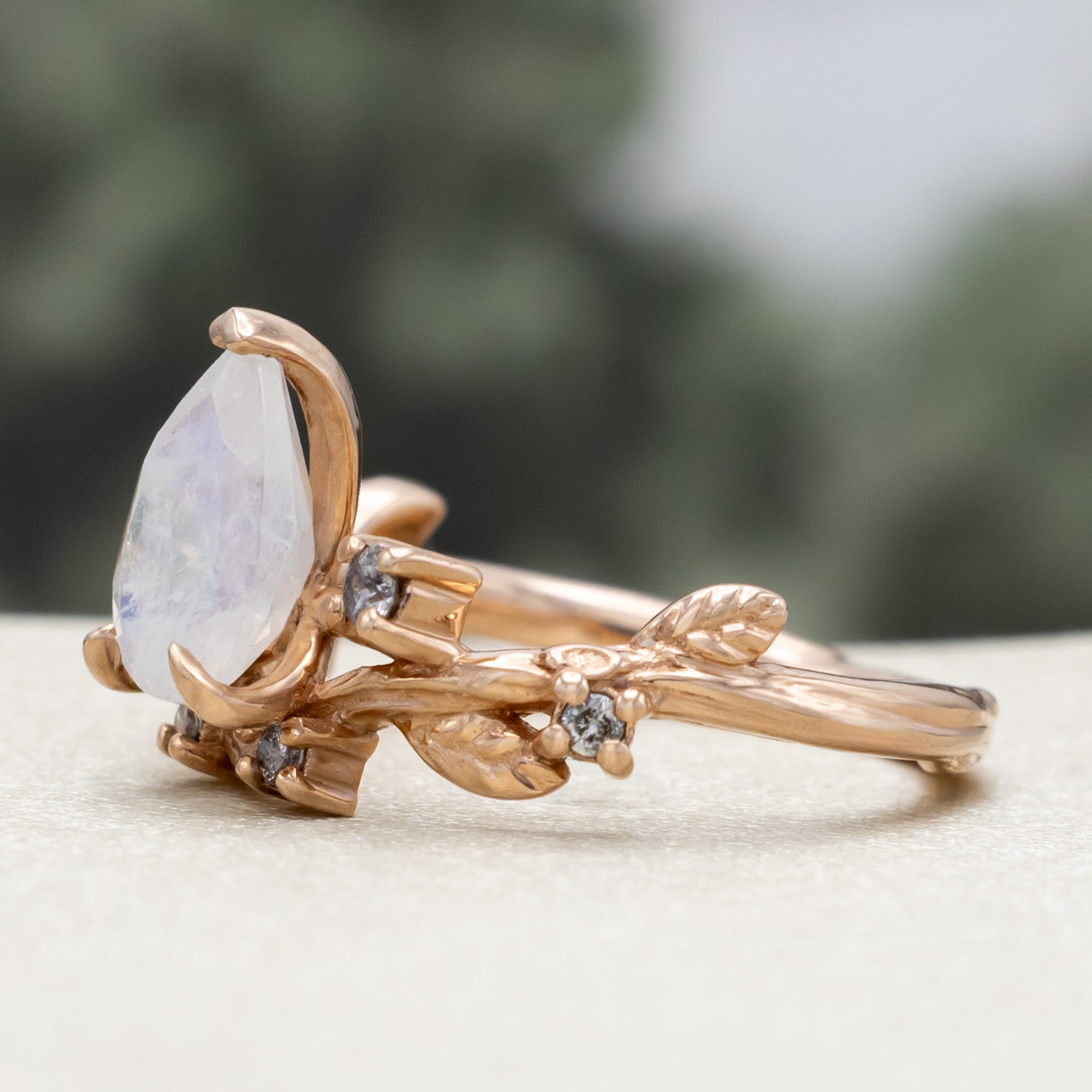 "HARLOW" - PEAR CUT MOONSTONE WOMEN'S ENGAGEMENT RING WITH SALT & PEPPER DIAMOND ACCENTS, BRANCH-STYLE BAND & TRACER-Staghead Designs