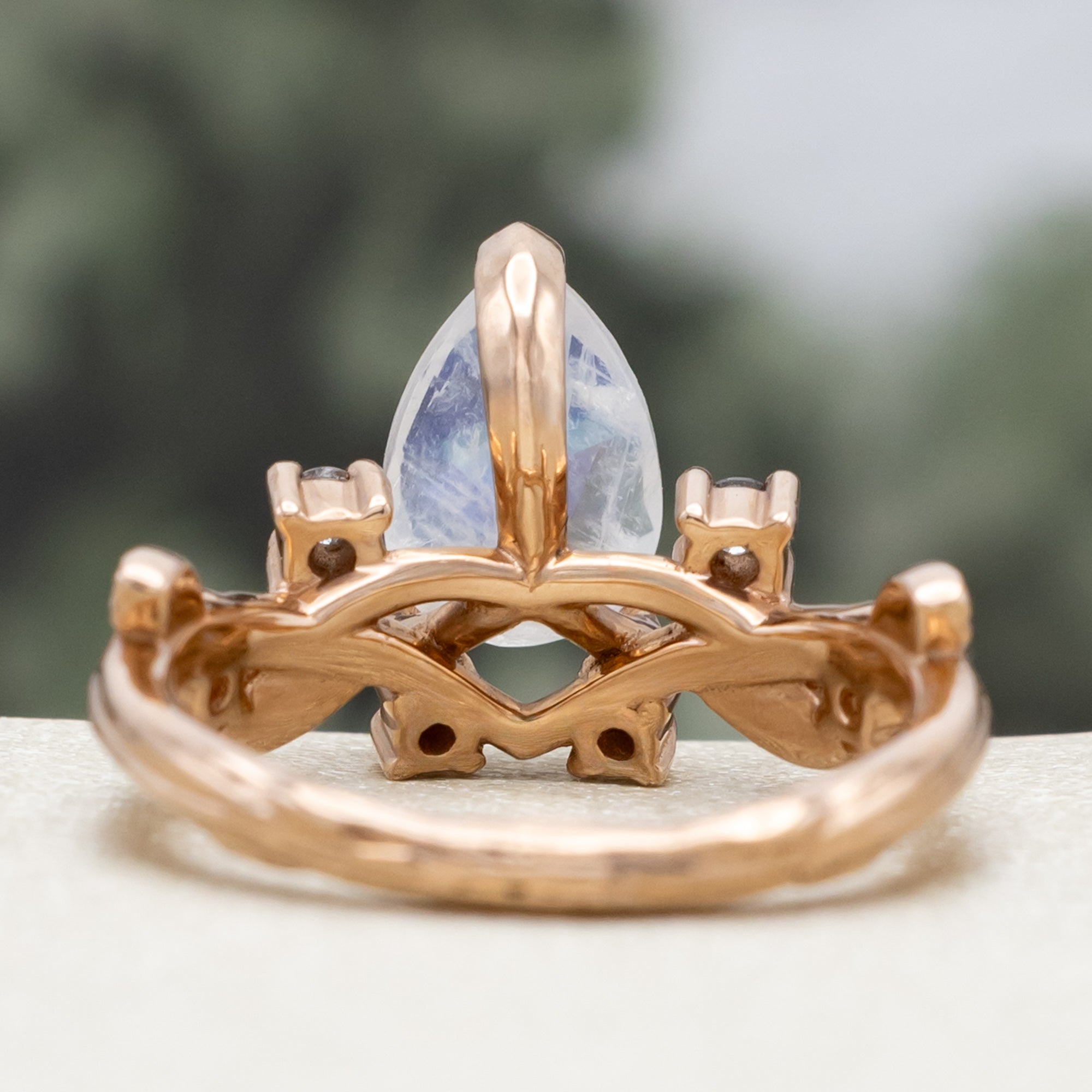 "HARLOW" - PEAR CUT MOONSTONE WOMEN'S ENGAGEMENT RING WITH SALT & PEPPER DIAMOND ACCENTS, BRANCH-STYLE BAND & TRACER-Staghead Designs