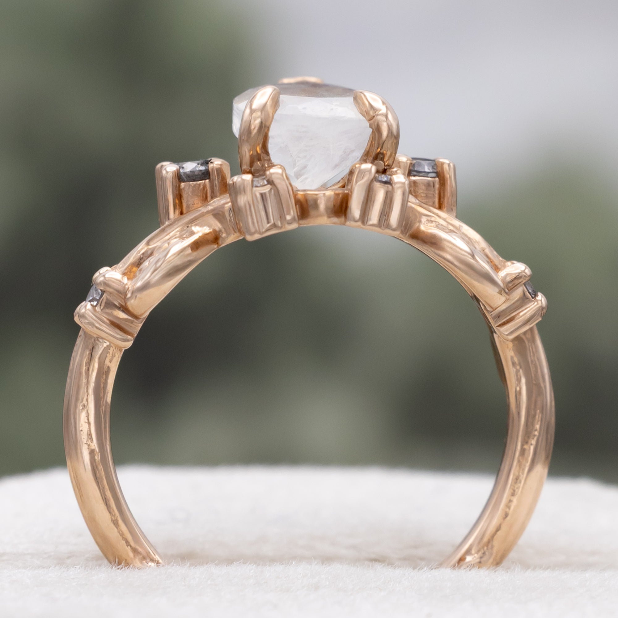 "HARLOW" - PEAR CUT MOONSTONE WOMEN'S ENGAGEMENT RING WITH SALT & PEPPER DIAMOND ACCENTS, BRANCH-STYLE BAND & TRACER-Staghead Designs
