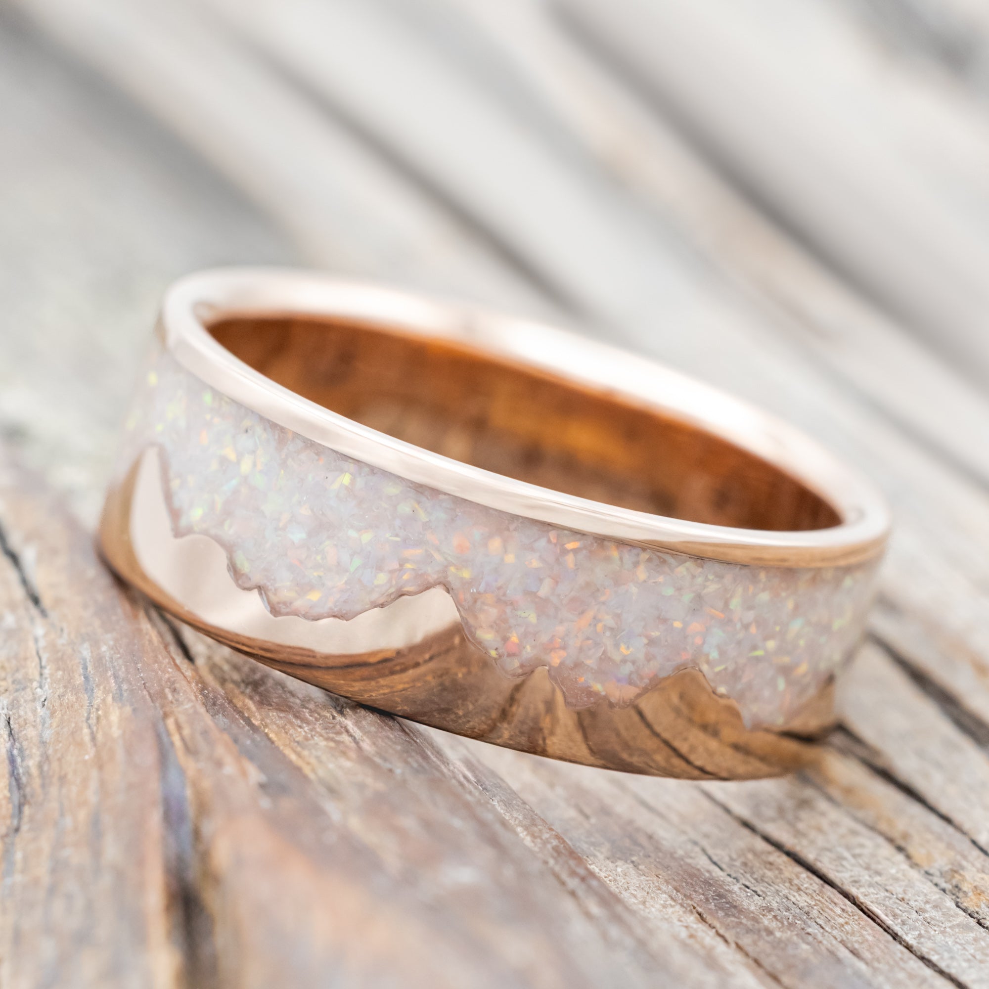 "HELIOS" - FIRE AND ICE OPAL & GOLD MOUNTAIN RANGE WEDDING RING-Staghead Designs