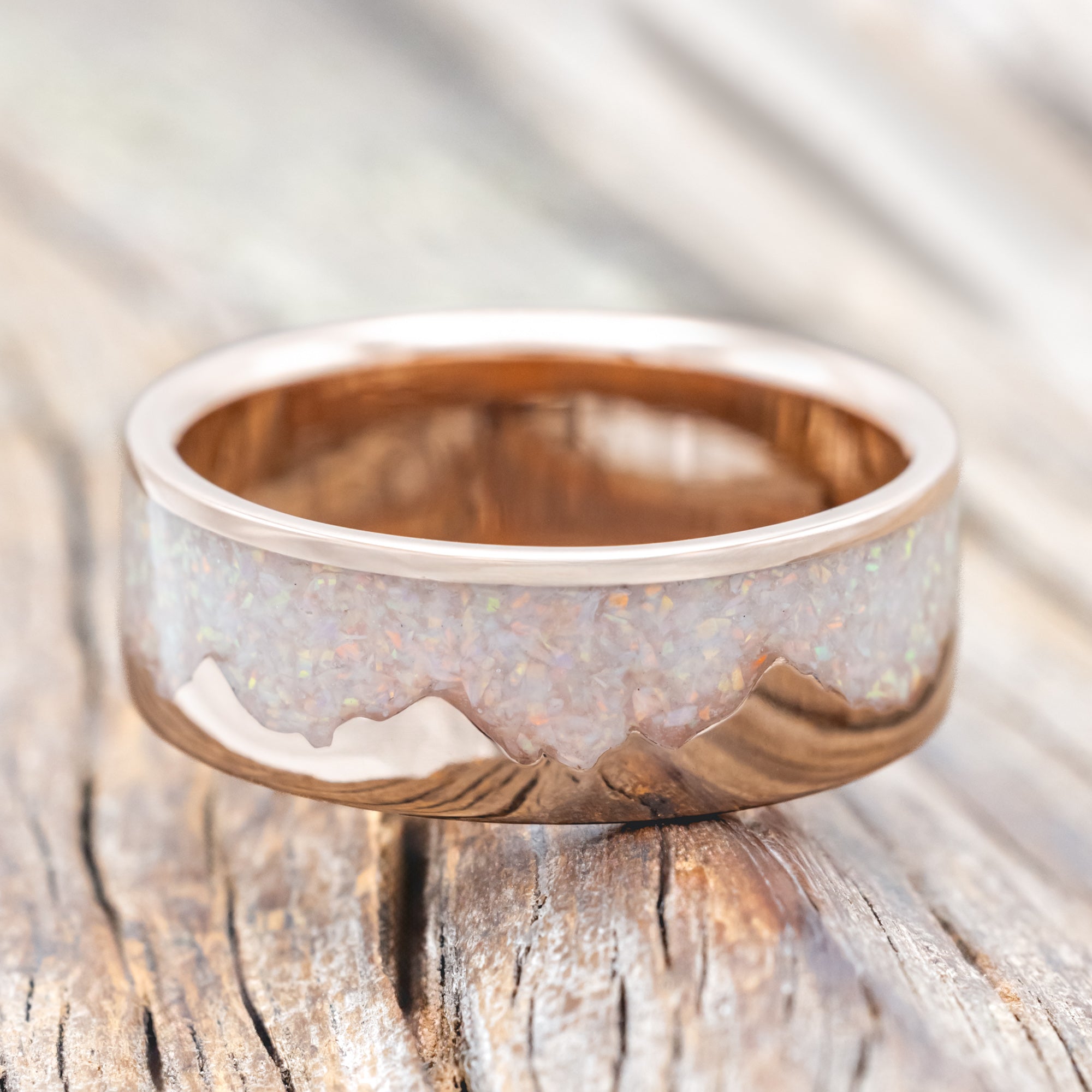 "HELIOS" - FIRE AND ICE OPAL & GOLD MOUNTAIN RANGE WEDDING RING-Staghead Designs