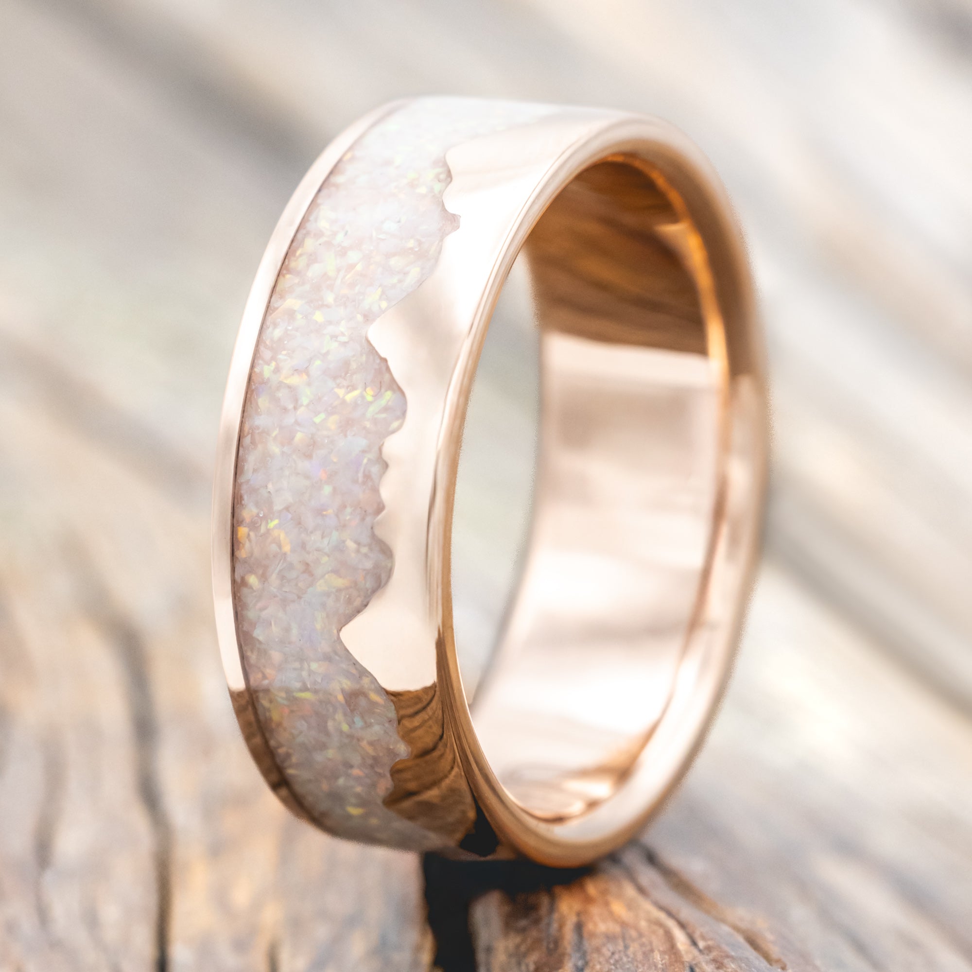 "HELIOS" - FIRE AND ICE OPAL & GOLD MOUNTAIN RANGE WEDDING RING-Staghead Designs