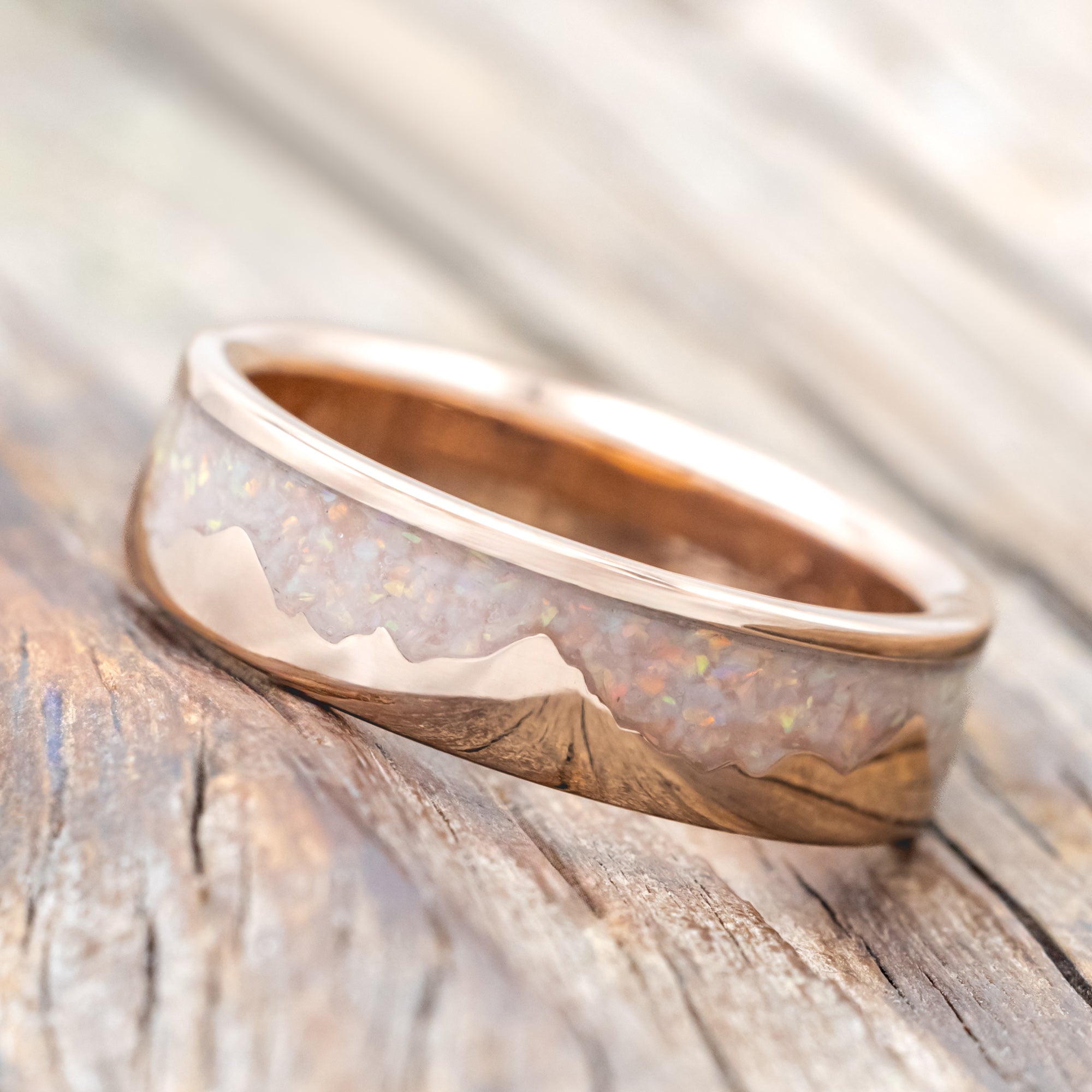 "HELIOS" - FIRE AND ICE OPAL & GOLD MOUNTAIN RANGE WEDDING RING-Staghead Designs