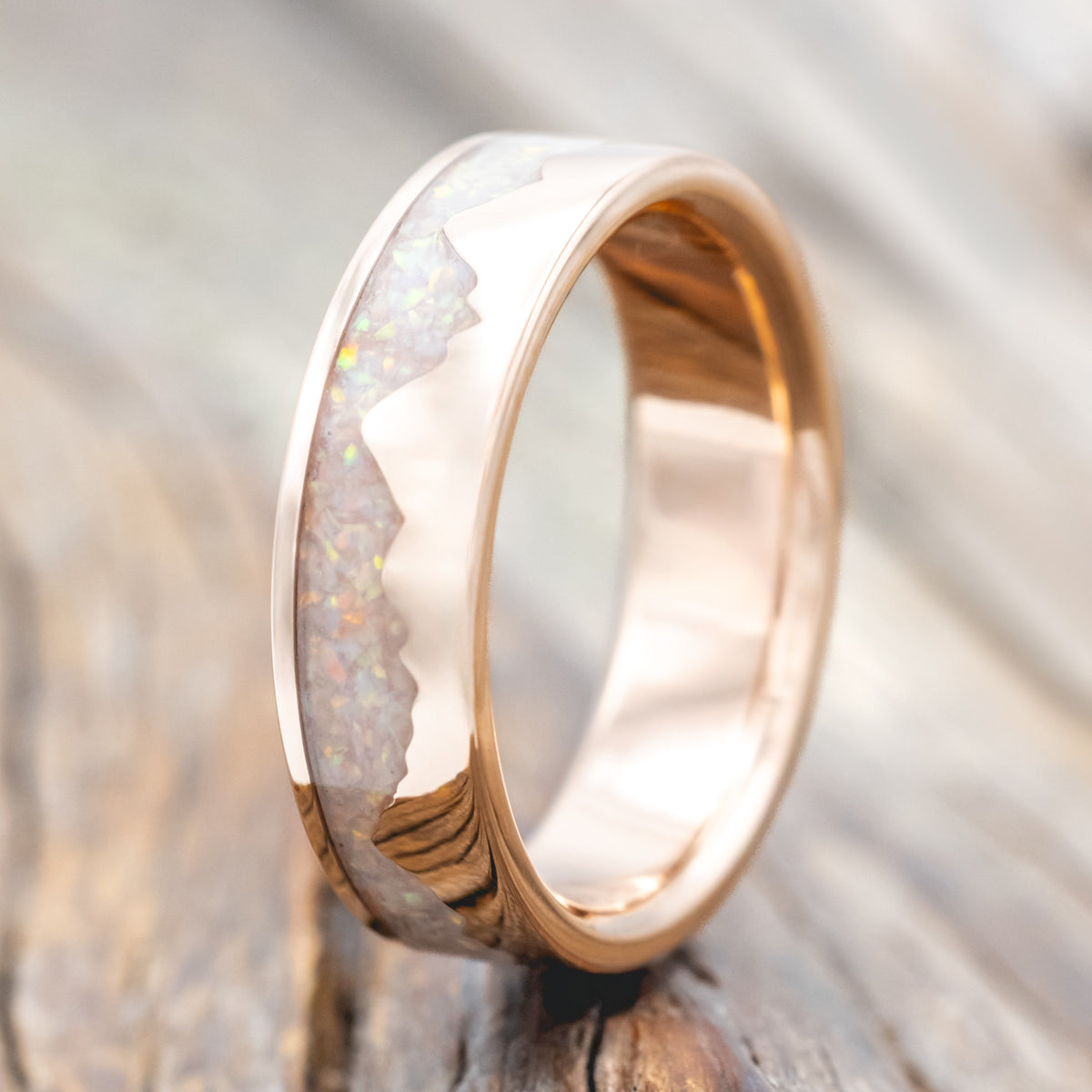 "Helios" - Fire And Ice Opal & 14K Gold Mountain Range Wedding Ring
