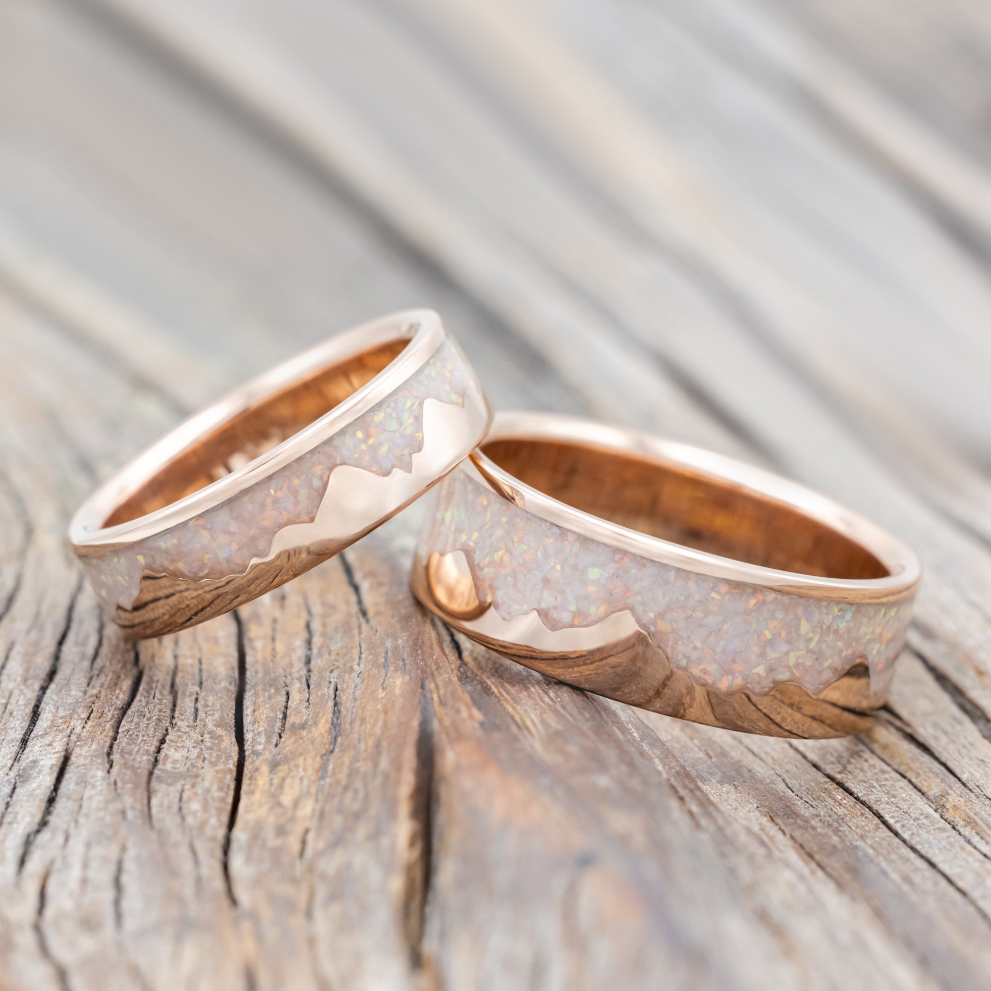 "HELIOS" - MATCHING SET OF FIRE & ICE OPAL INLAY MOUNTAIN RANGE WEDDING BANDS-Staghead Designs