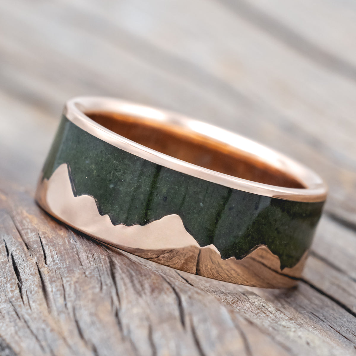 "Helios" - Matching Set Of Crushed Moss Agate Mountain Range Wedding Bands