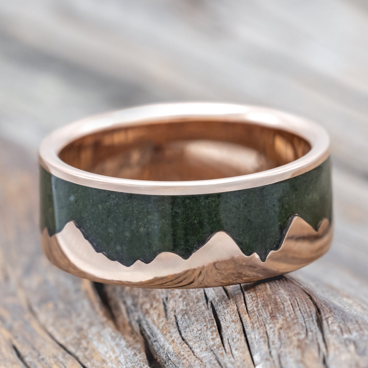 "Helios" - Matching Set Of Crushed Moss Agate Mountain Range Wedding Bands