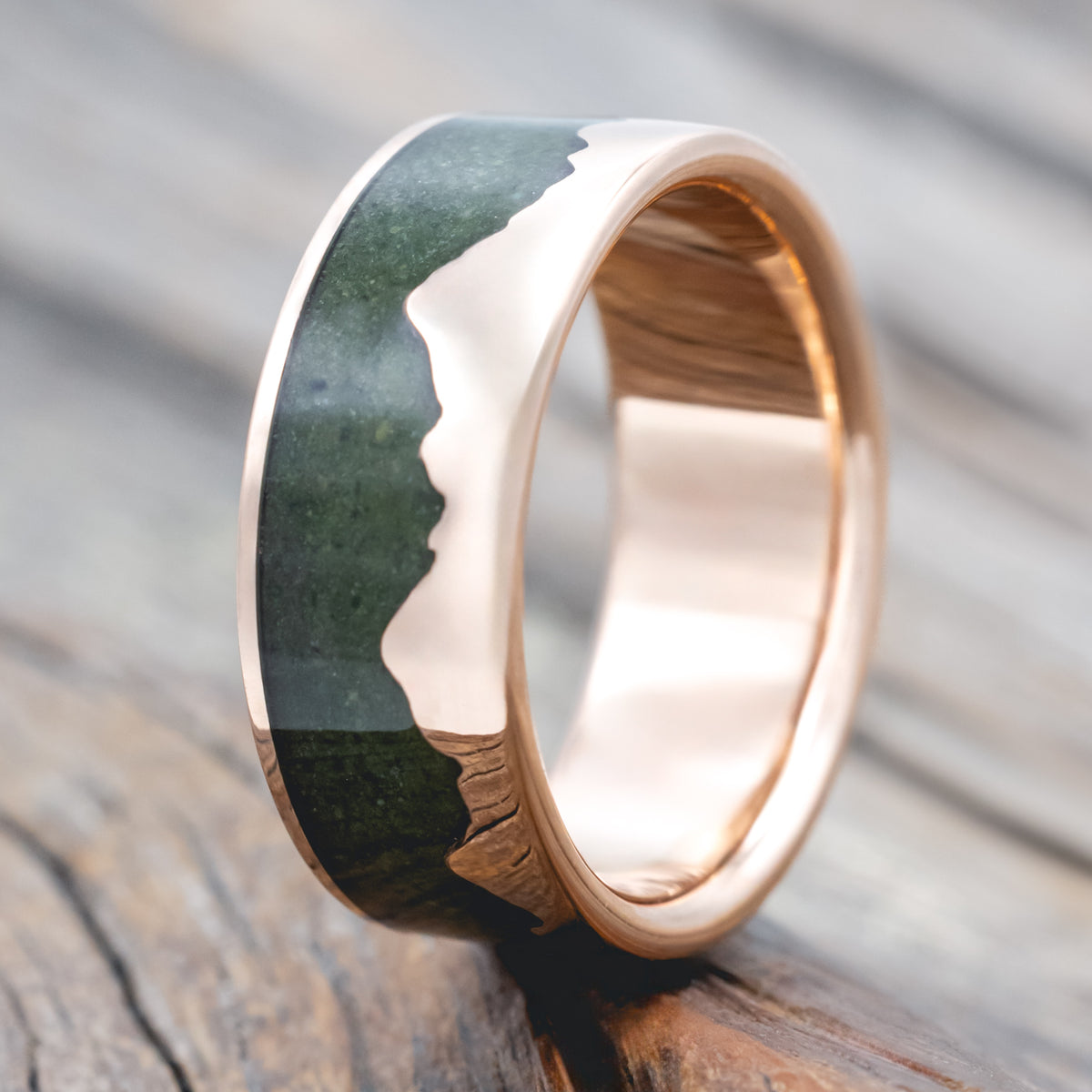 "Helios" - Matching Set Of Crushed Moss Agate Mountain Range Wedding Bands
