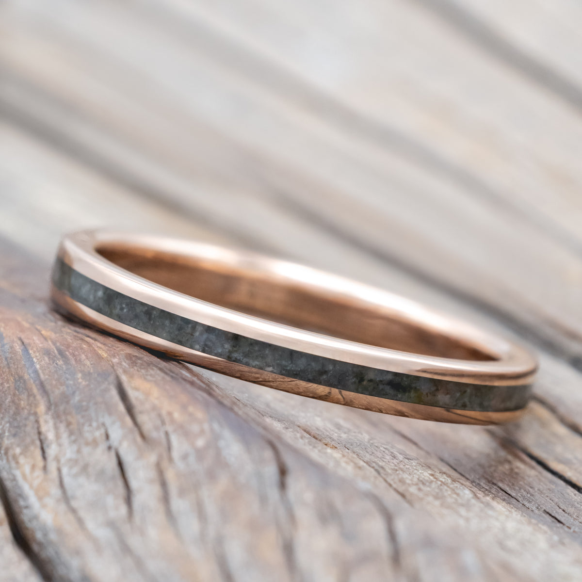 "Helios" - Matching Set Of Crushed Moss Agate Mountain Range Wedding Bands
