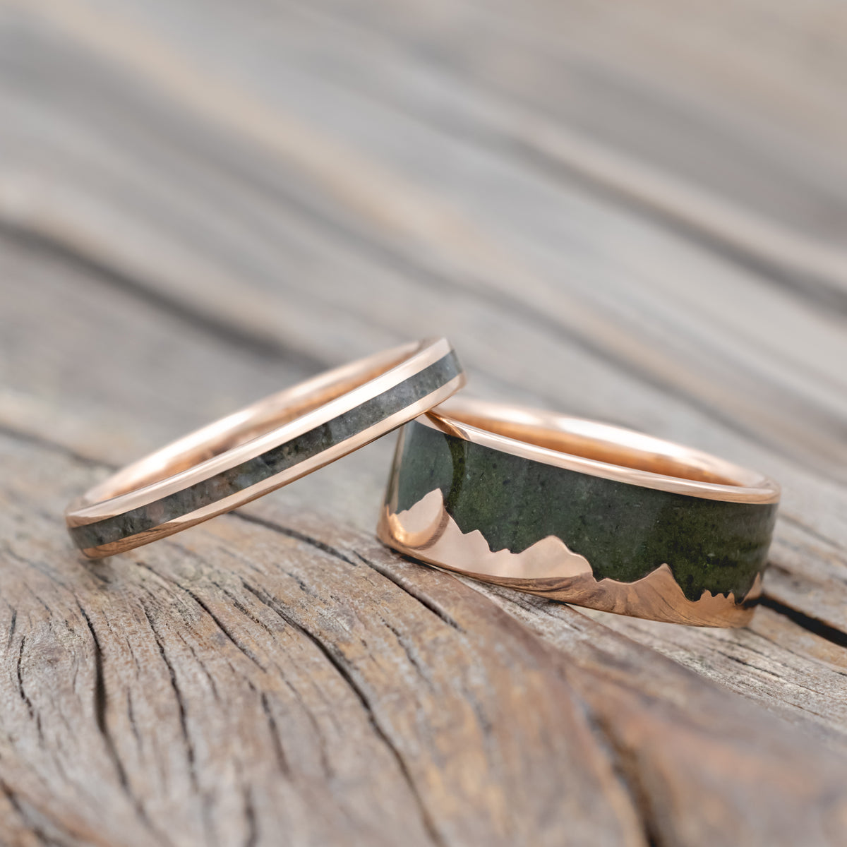 "Helios" - Matching Set Of Crushed Moss Agate Mountain Range Wedding Bands