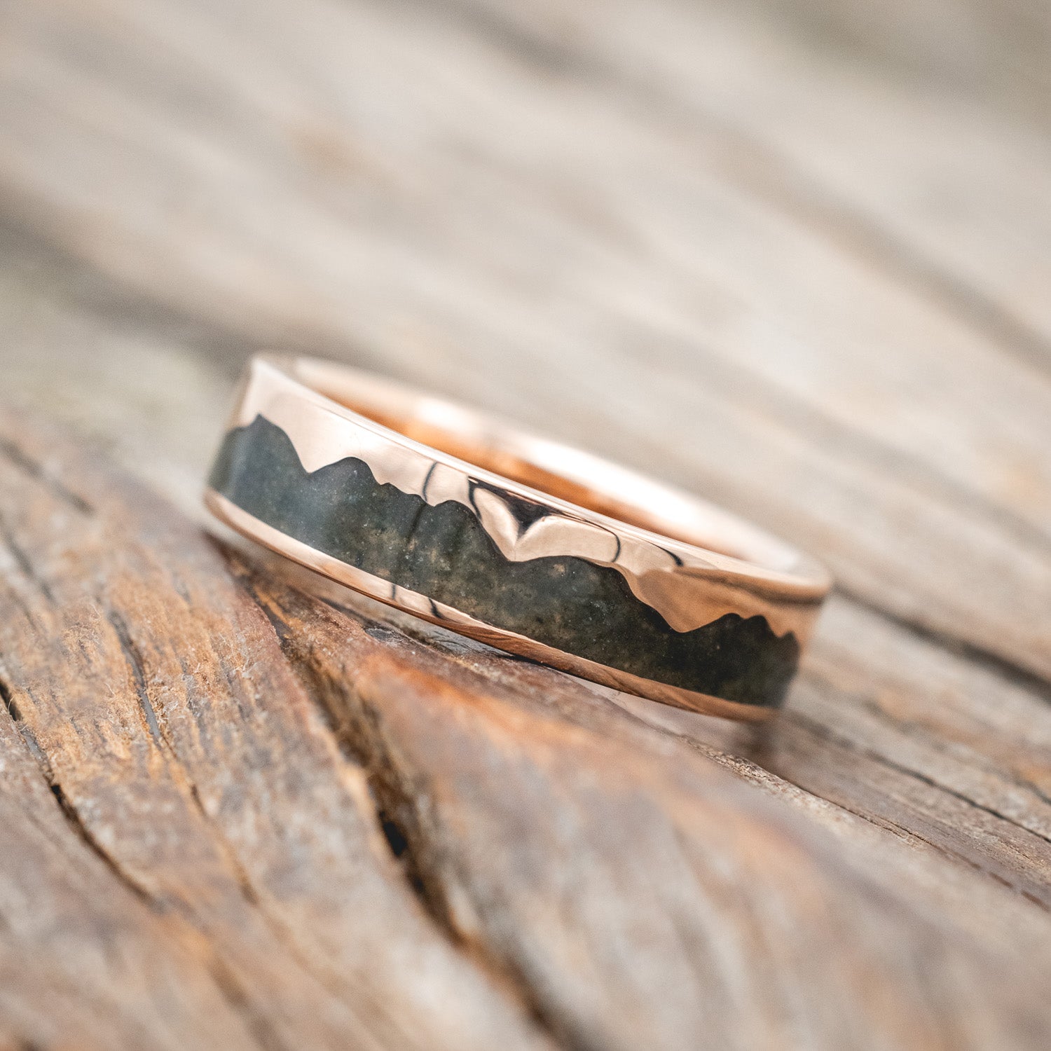 "HELIOS" - MATCHING SET OF CRUSHED MOSS AGATE MOUNTAIN RANGE WEDDING BANDS-Staghead Designs