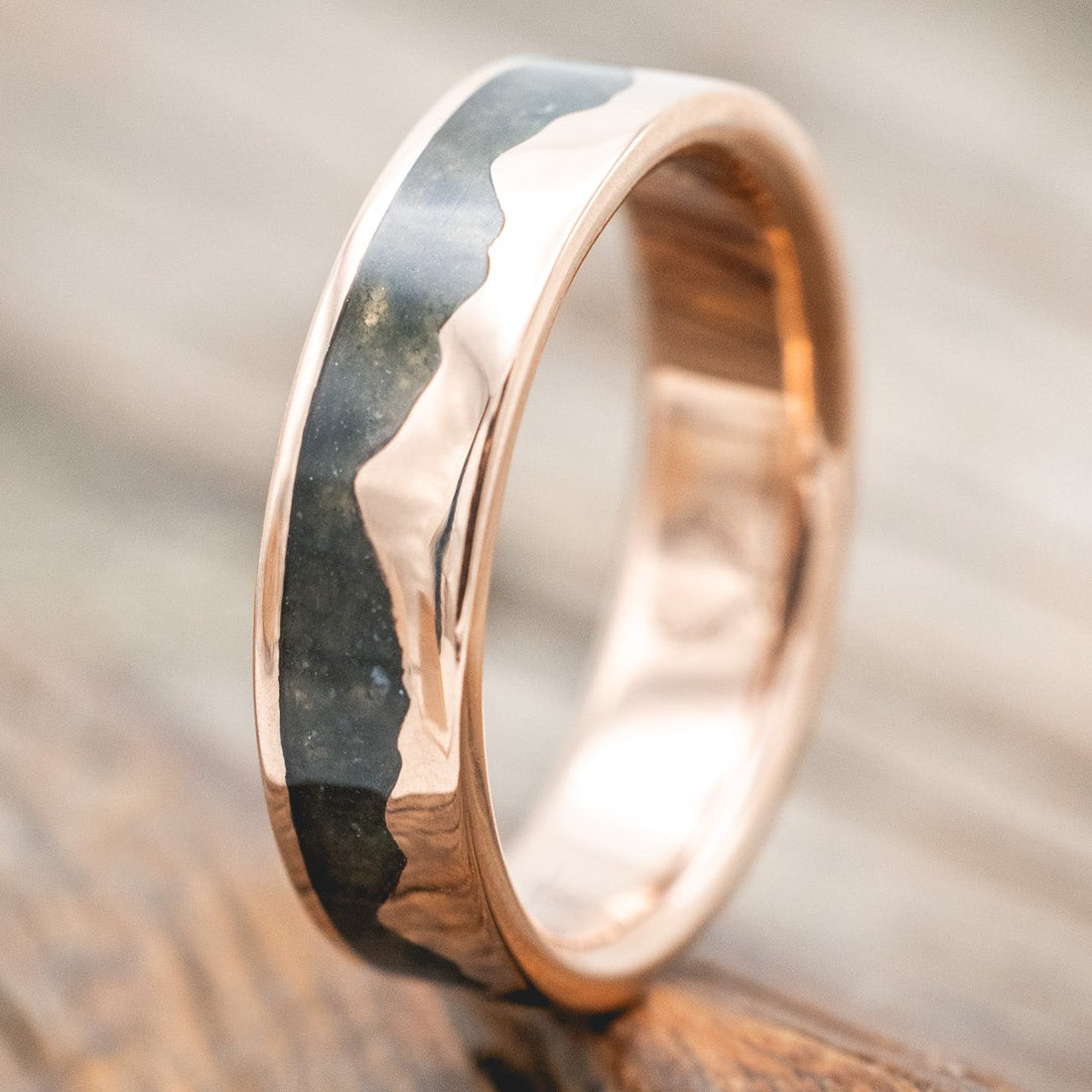 "Helios" - Crushed Moss Agate Mountain Range Wedding Band